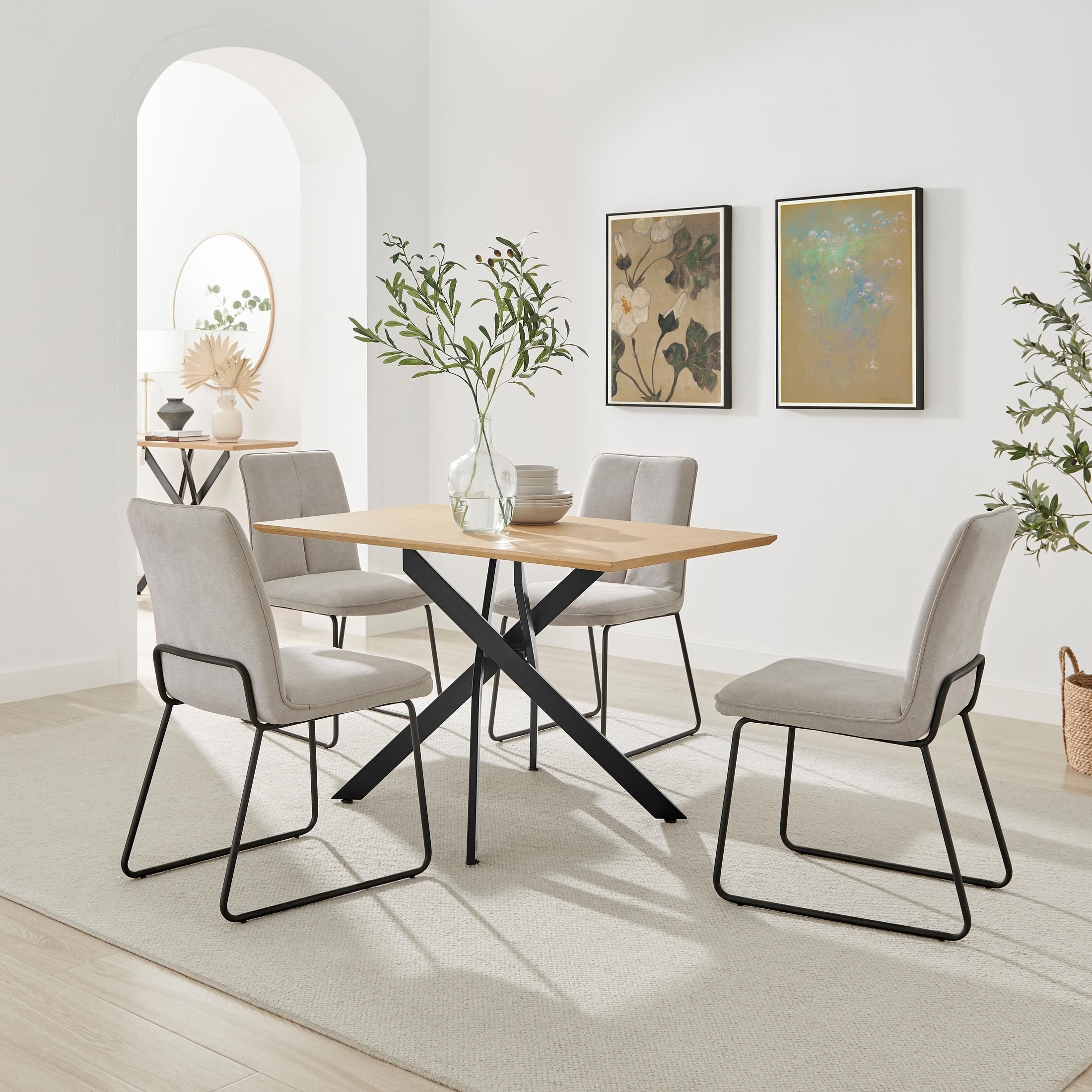 FurnitureboxUK Leonardo Oak Effect Dining Table & 4 Halley Taupe Fabric Chairs in Brown
