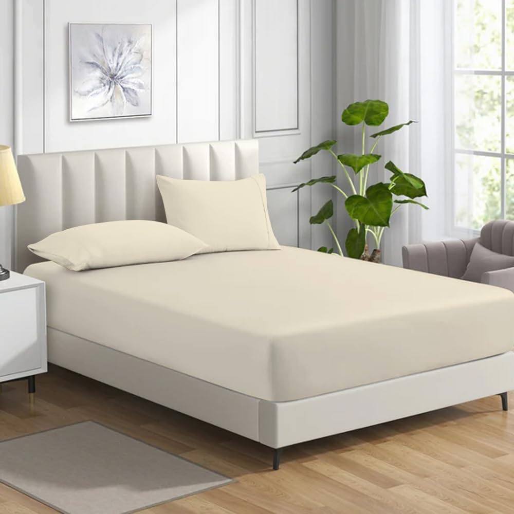 Homes-Linen Non Iron Polycotton Fitted Sheet 25cm Deep Easy Care Percale in Cream