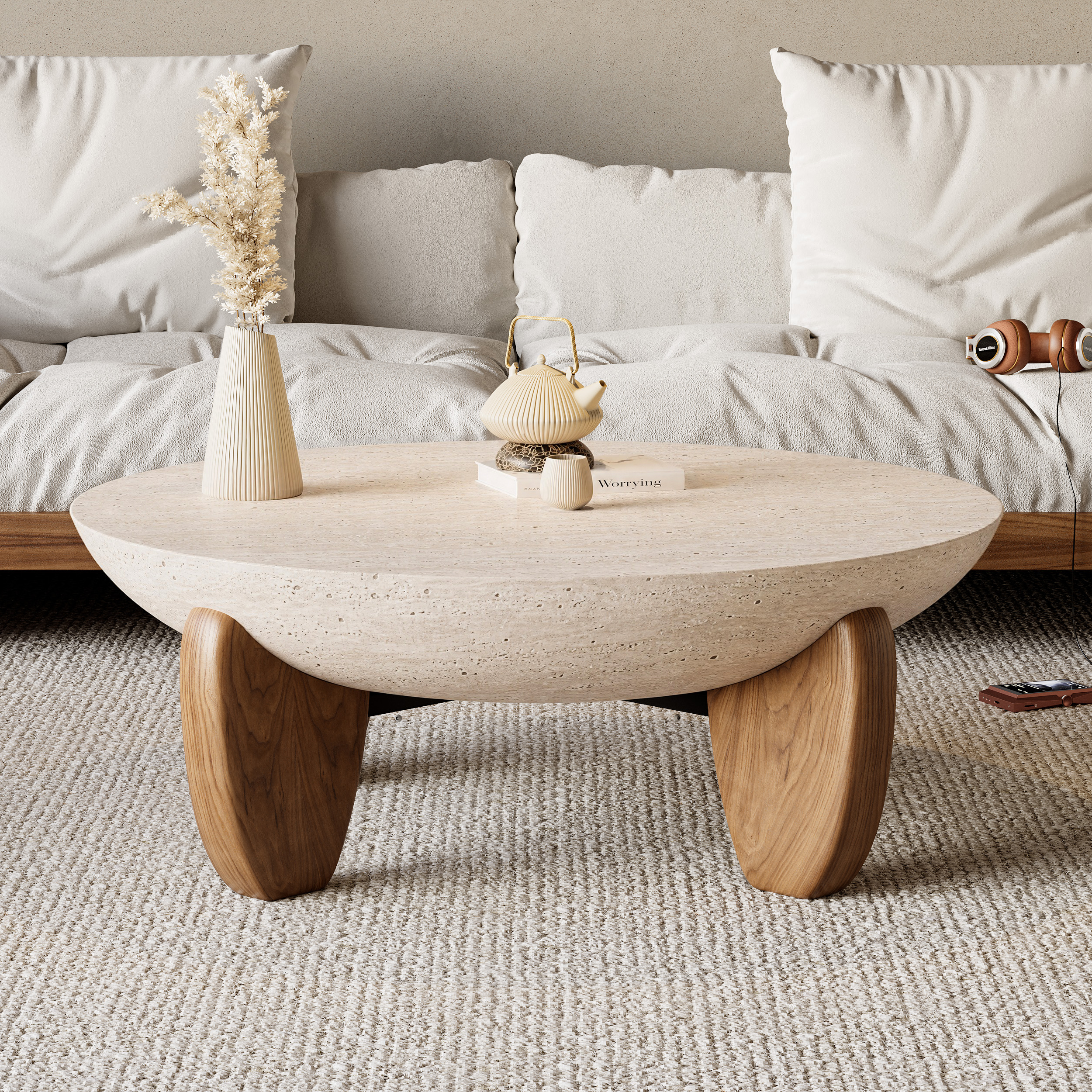Curva 95 cm Round Concrete Walnut Coffee Table with Wood Legs