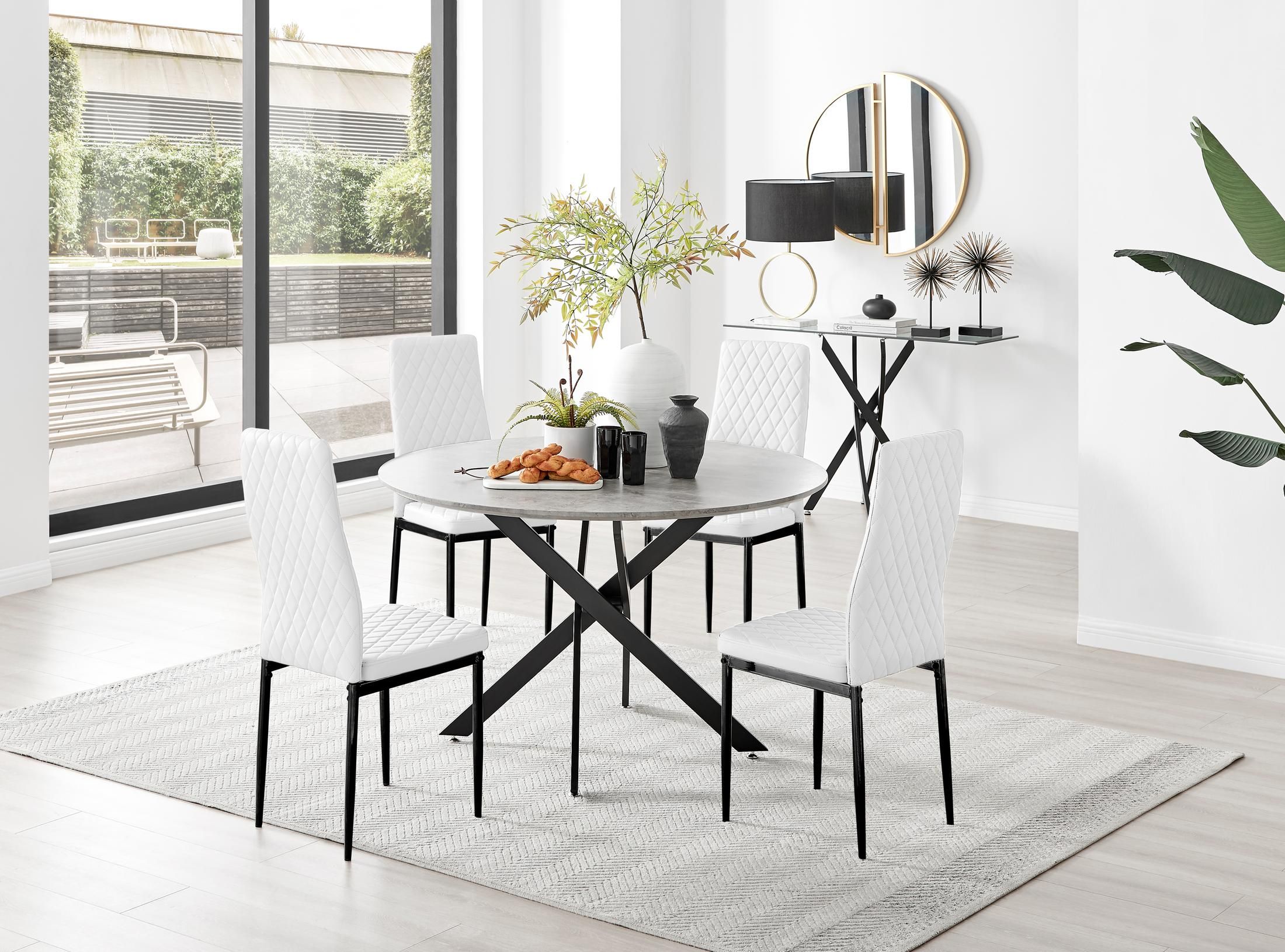 FurnitureboxUK Novara Grey Concrete Effect Black Leg 120cm Round Dining Table & 4 Milan Black Leg Chairs in Off-White