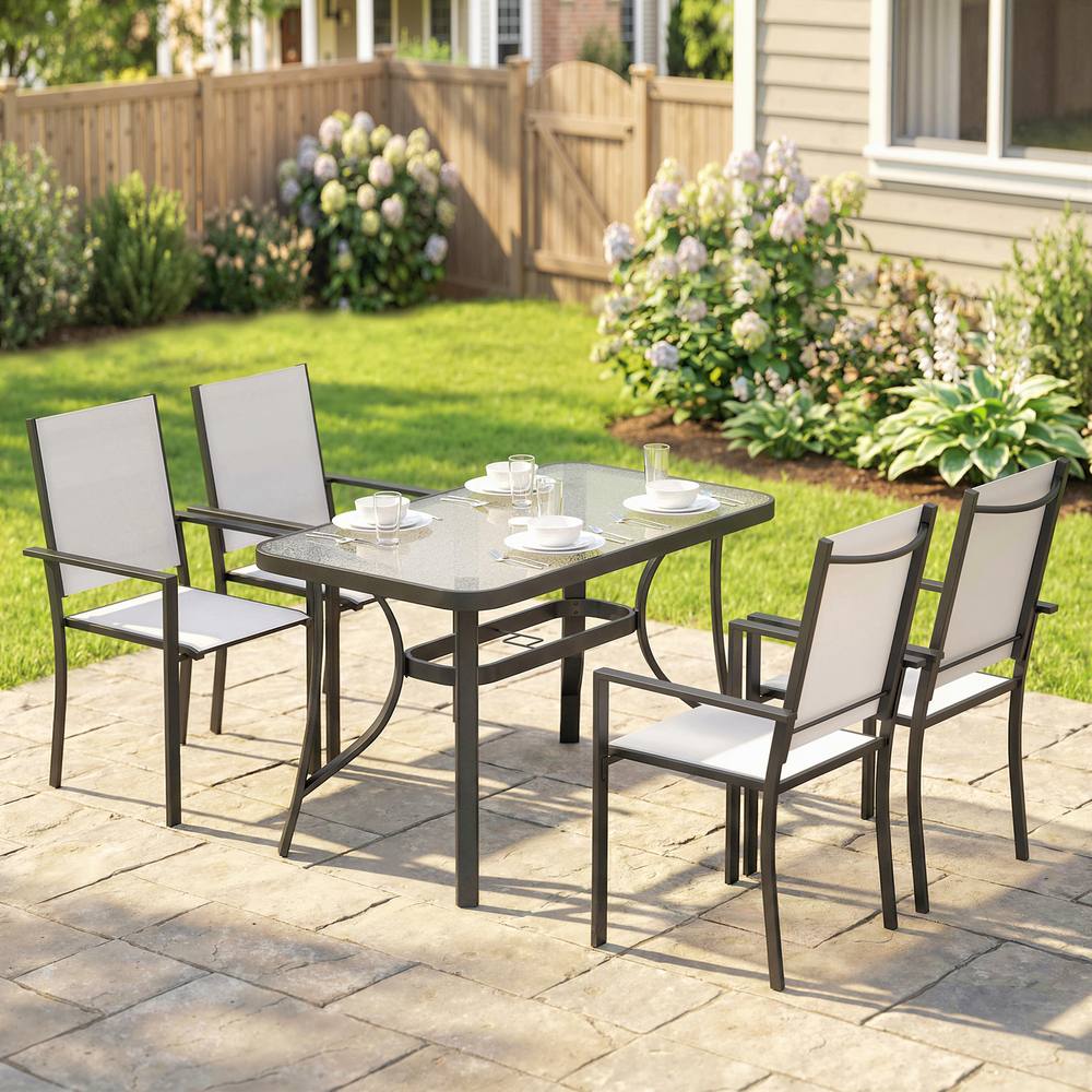 OUTSUNNY Garden Dining Set with Umbrella Hole, Stackable Chairs, Light Grey