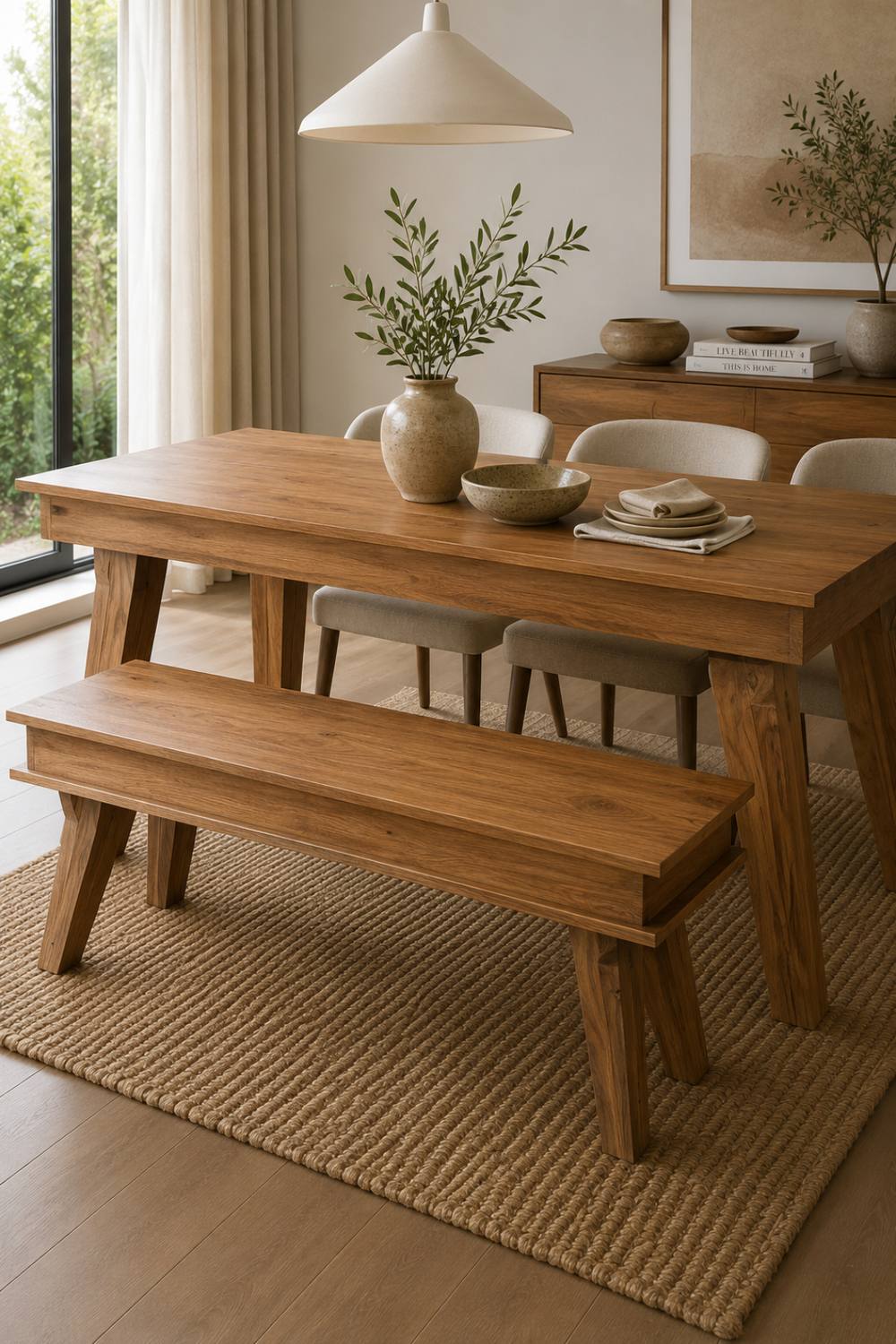 IH Design Classic Style Solid Sheesham Wood Medium Dining Bench Natural in Light Brown