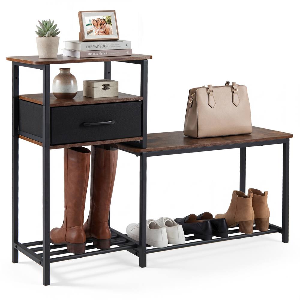 Costway 3-Tier Shoe Rack Bench Industrial Entryway Shoe Storage Bench w/Drawer in Brown