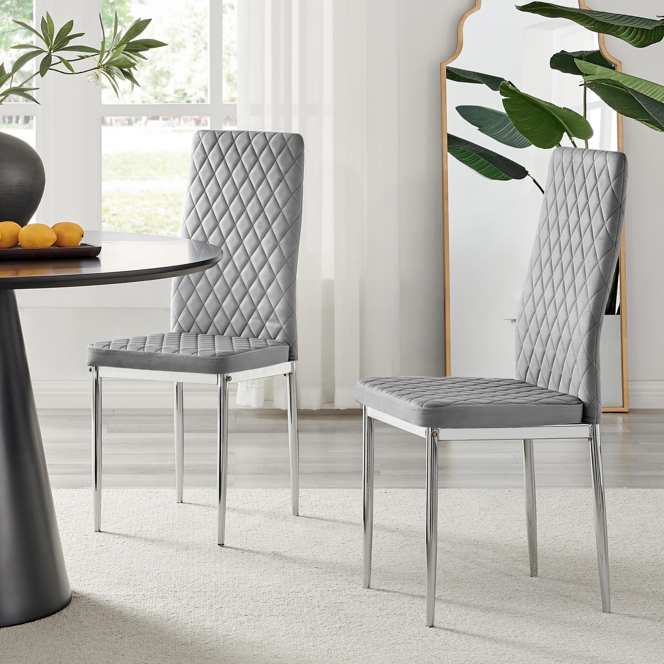 FurnitureboxUK Set of 4 Milan High Back Soft Touch Diamond Pattern Velvet Dining Chairs With Silver Chrome Metal Legs in Grey