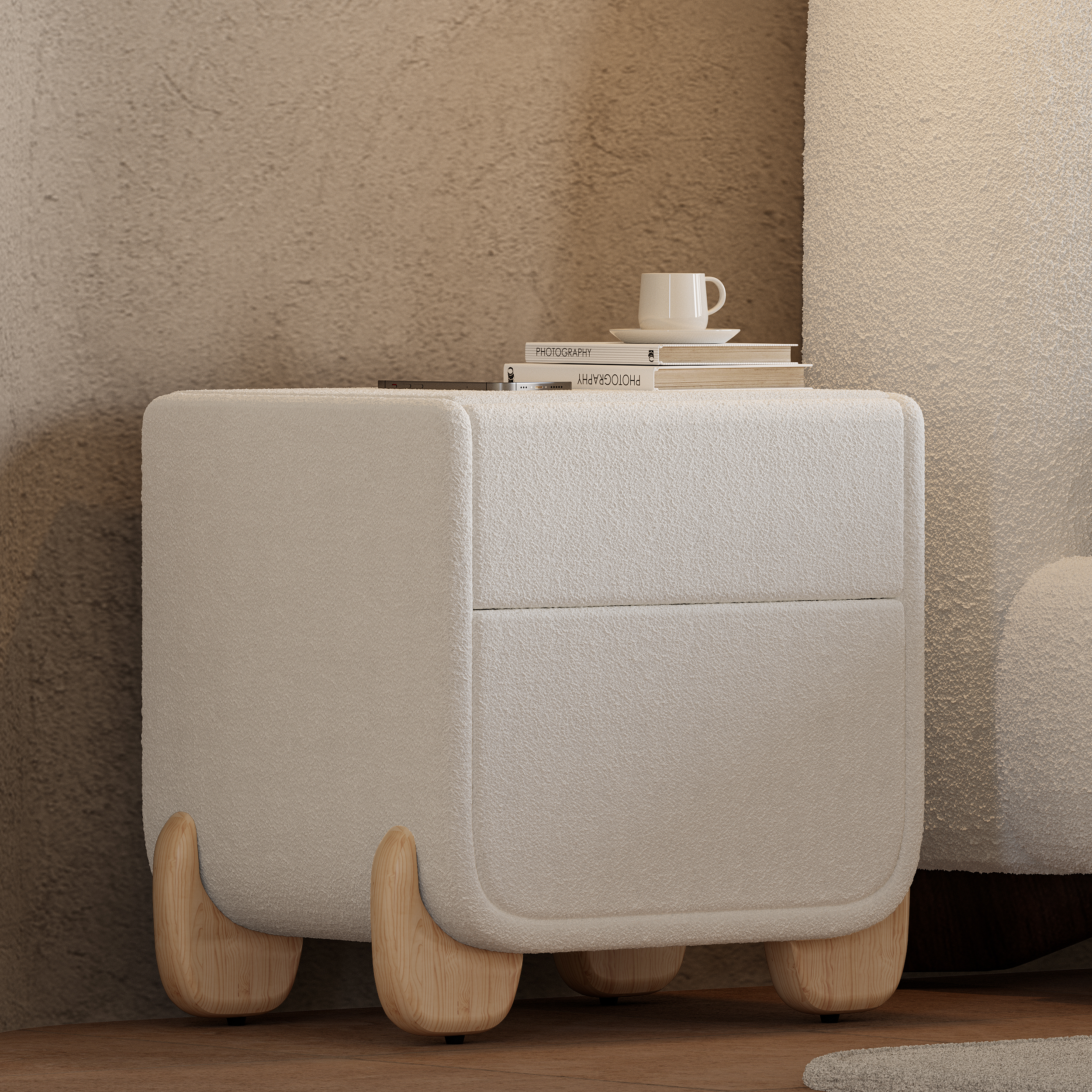 Curva Smart Bouclé Bedside Table with Wood Legs 2-Drawer Bedside Table in White