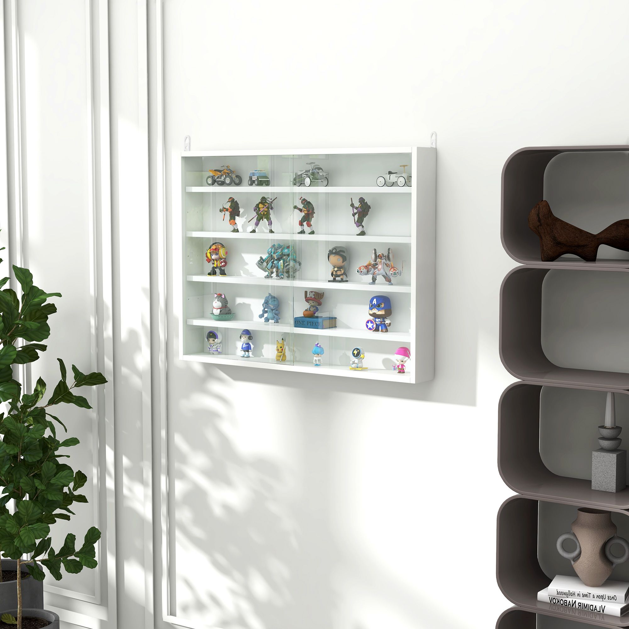 HOMCOM 5-Tier Wall Mounted Cabinet Display Shelf Unit w/ Adjustable Shelves Glass Doors in White