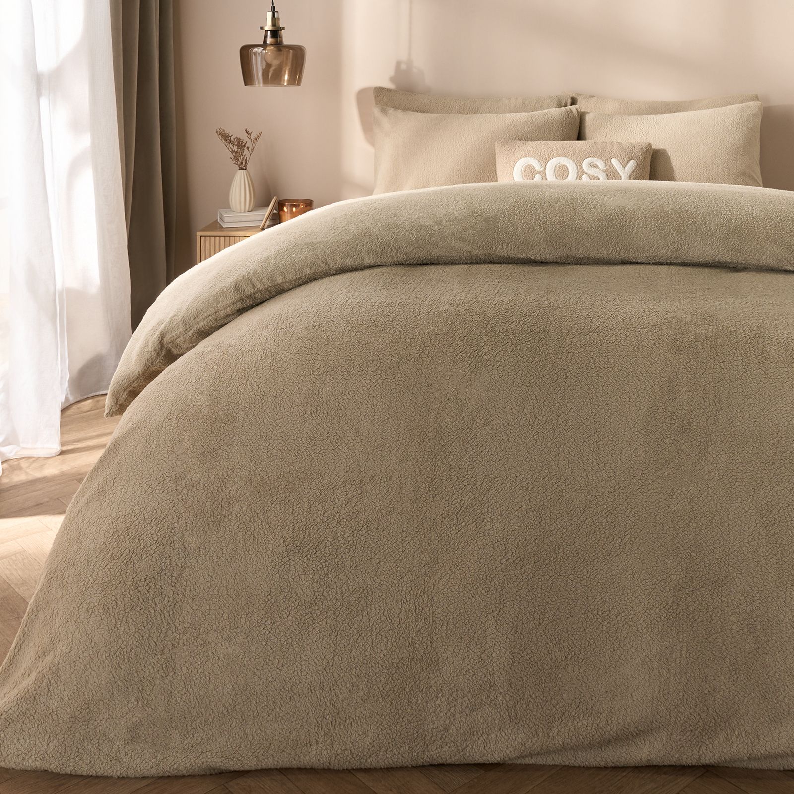 OHS Thermal Soft Teddy Fleece Duvet Cover Bedding Set in Stone