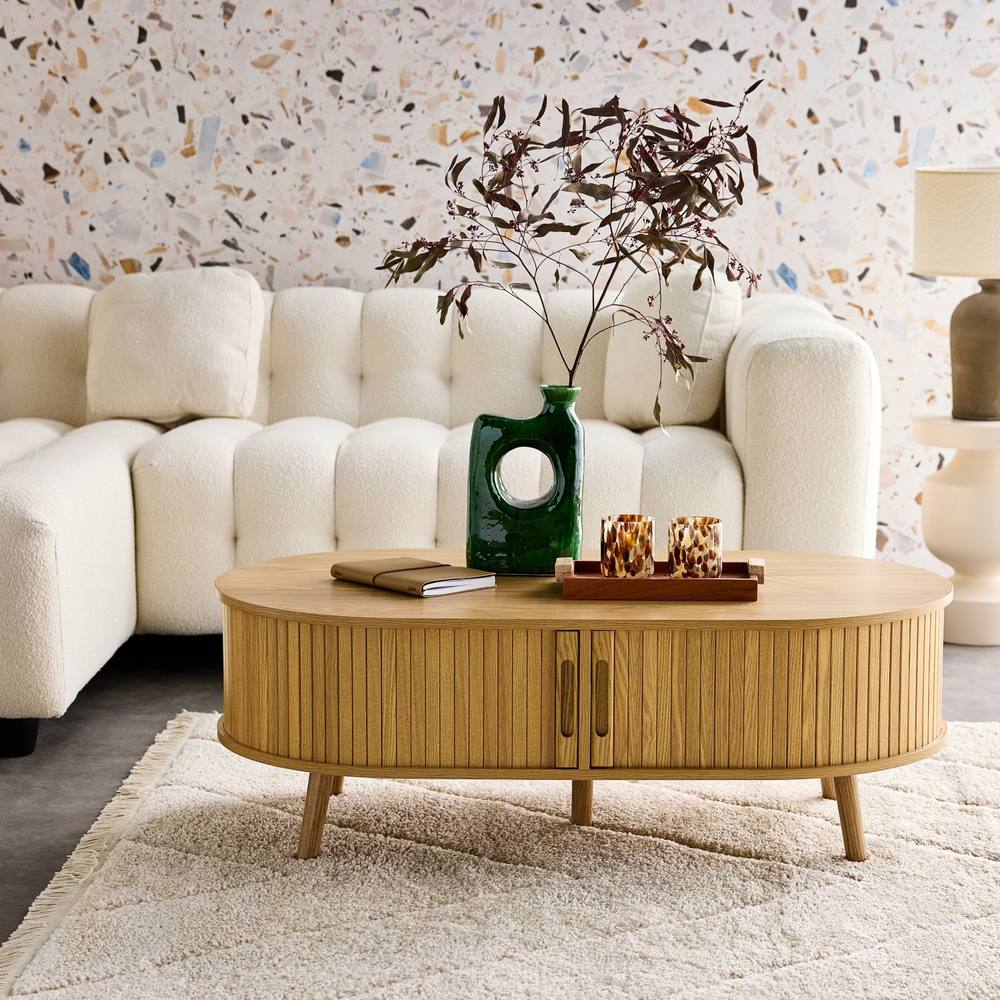 sweeek Coffee Table With Sliding Doors & Grooved Wooden-effect Compartments in Light Brown