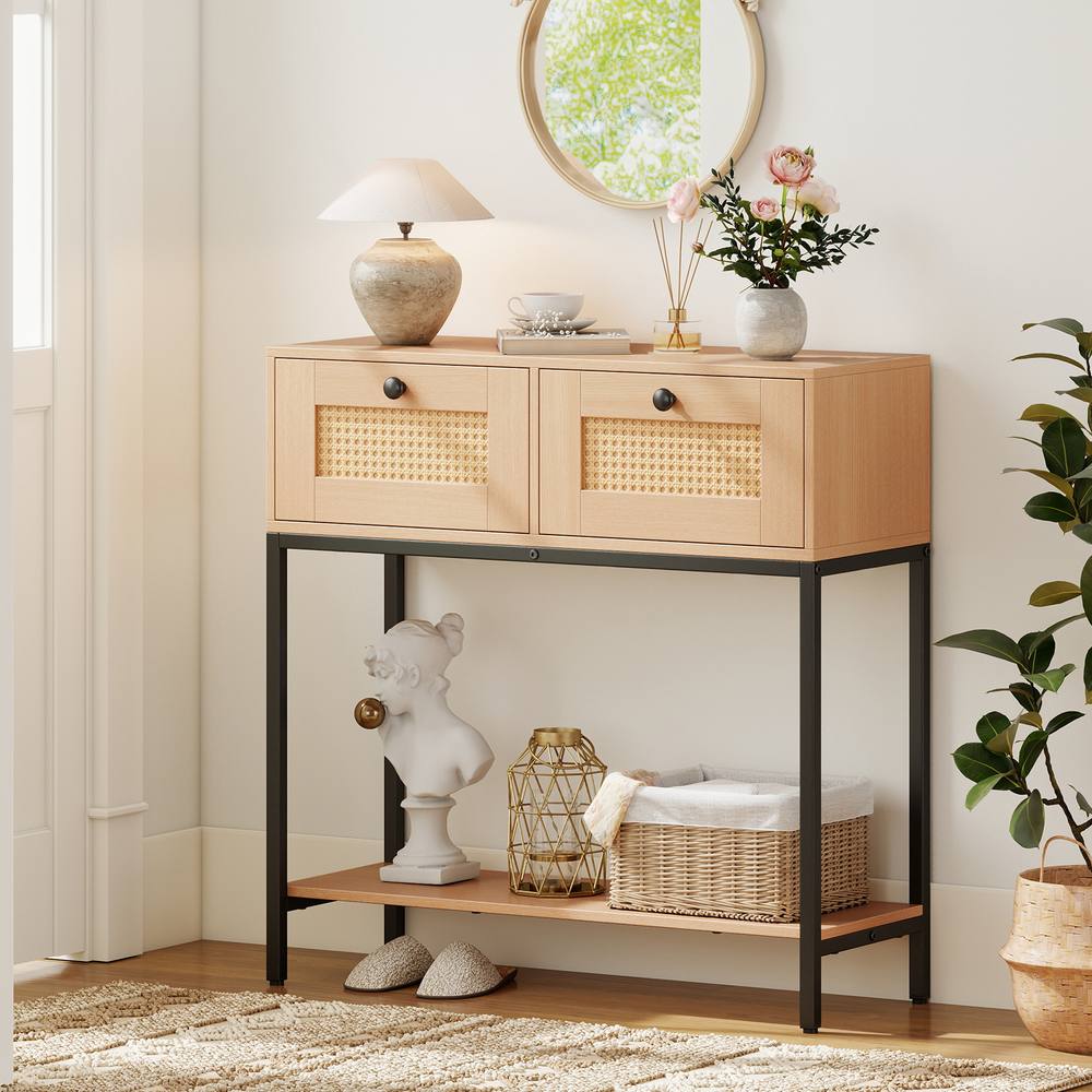 Costway 80CM Boho Console Table Modern Wooden Entryway Table w/2 Drawers in Natural