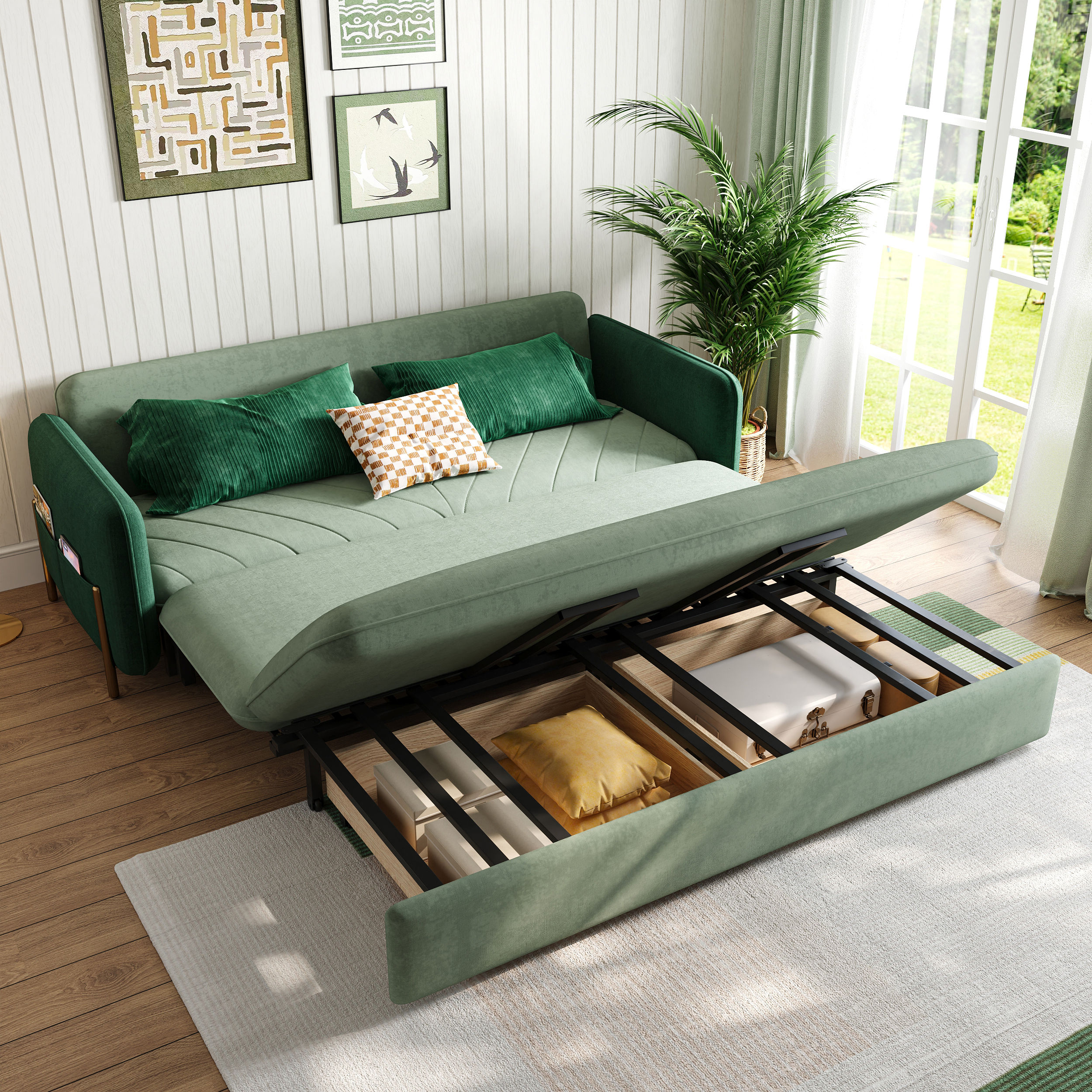 2000mm King Sleeper Sofa Green Upholstered Convertible Sofa Bed