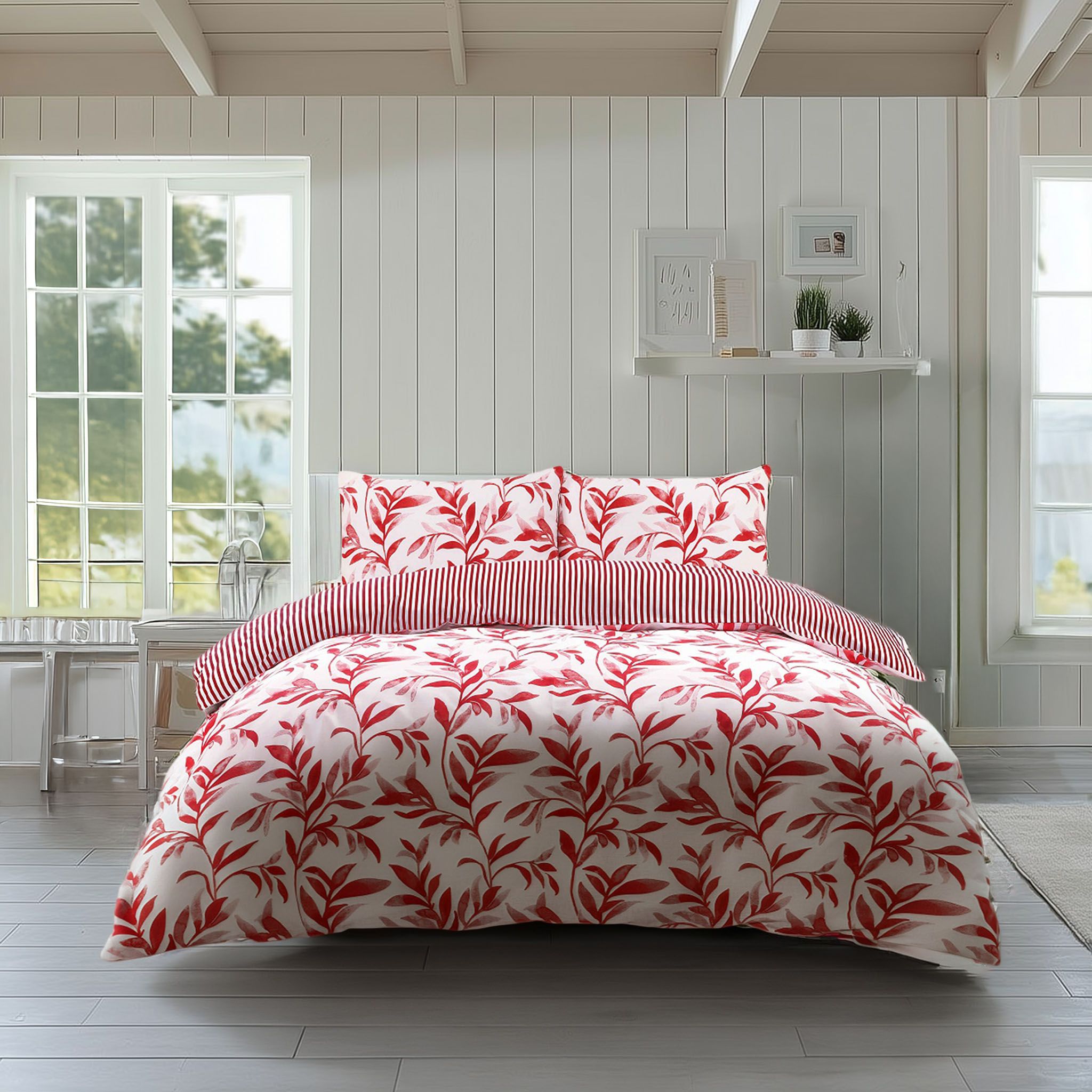 Snug City Duvet Cover & Pillowcase Set Reversible Leaf & Stripe Design Polycotton Bed Linen in Red