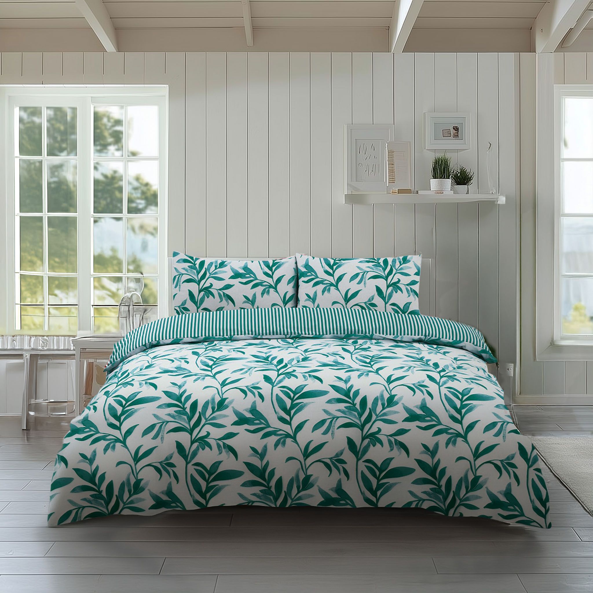 Snug City Duvet Cover & Pillowcase Set Reversible Leaf & Stripe Design Polycotton Bed Linen in Teal