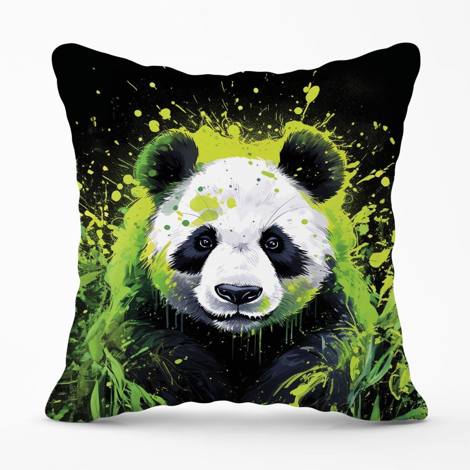 Warren Reed - Designer Green Splashart Panda Face Outdoor Cushion