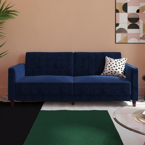 Vectro Velvet Upholstered Pin Tufted Sofa Bed In Blue