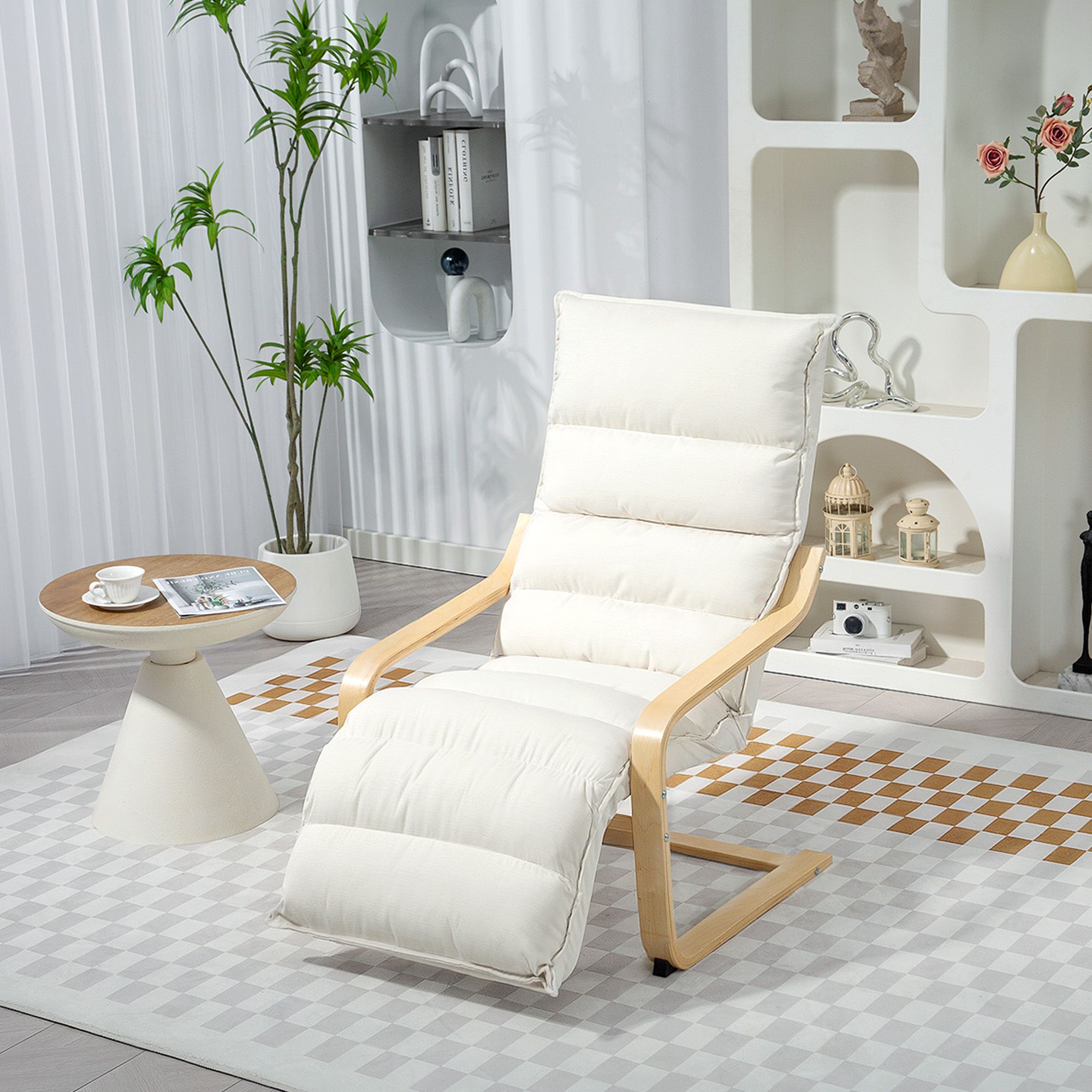 HOMCOM Birch Wood Lounge Chair for Living Room, Bedroom in Cream