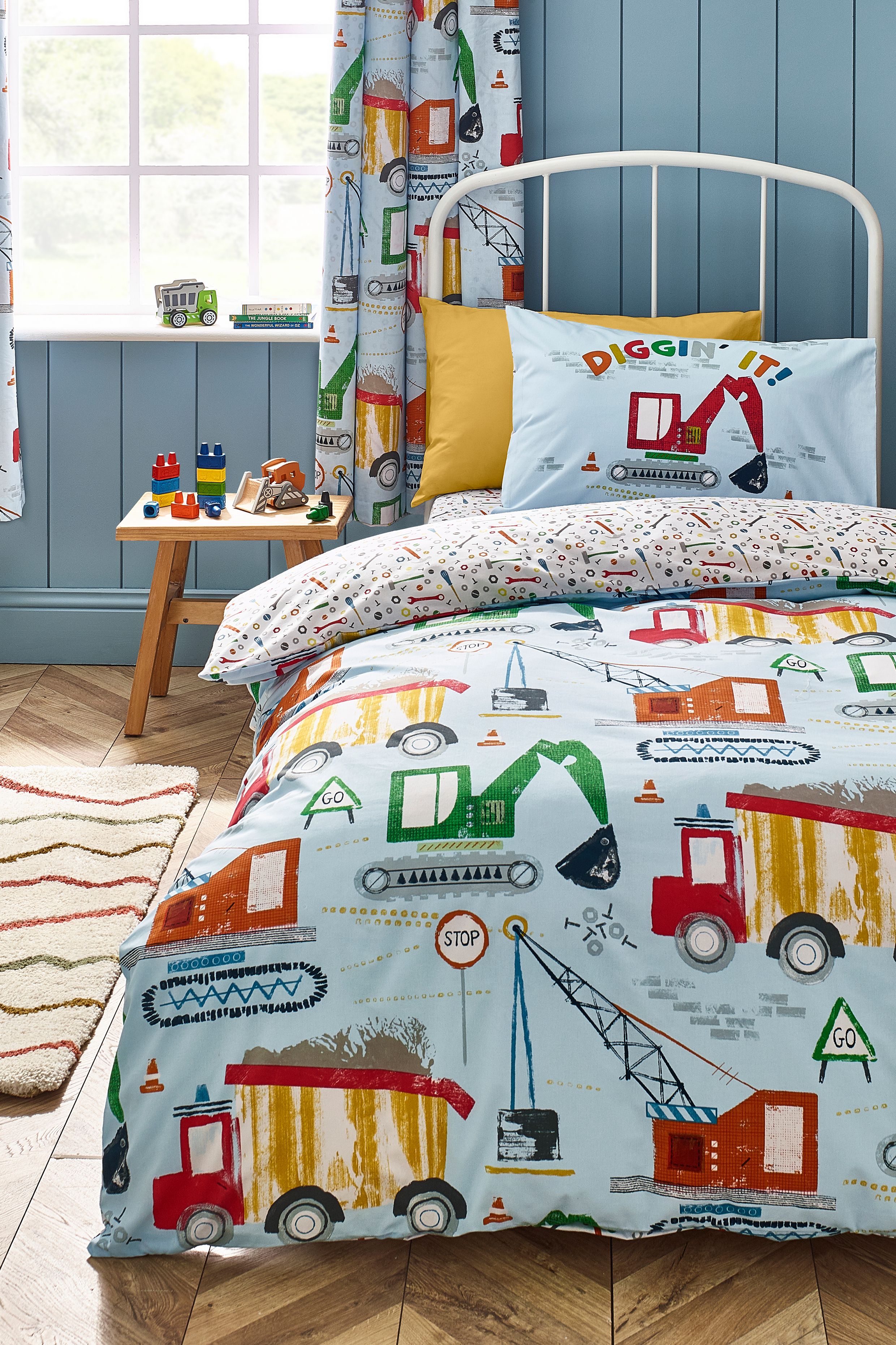 Catherine Lansfield 'Digger Dreams' Reversible Duvet Cover Set in Blue