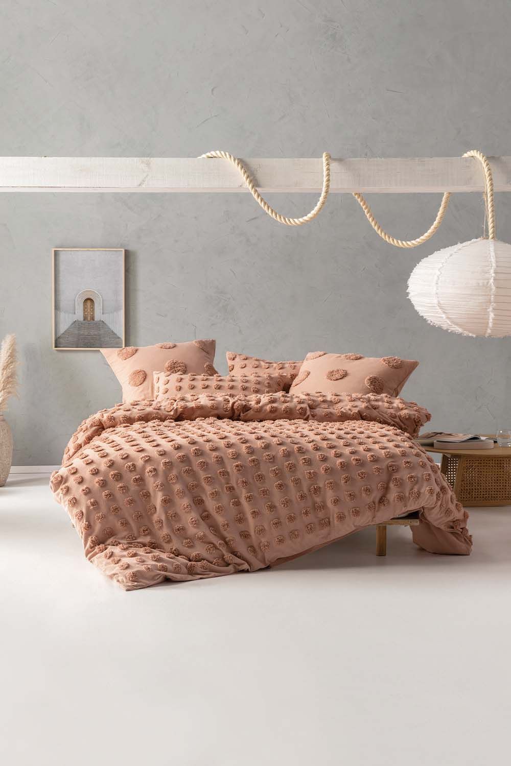 Linen House Haze Tufted Polka Dot Duvet Cover Set in Light Brown