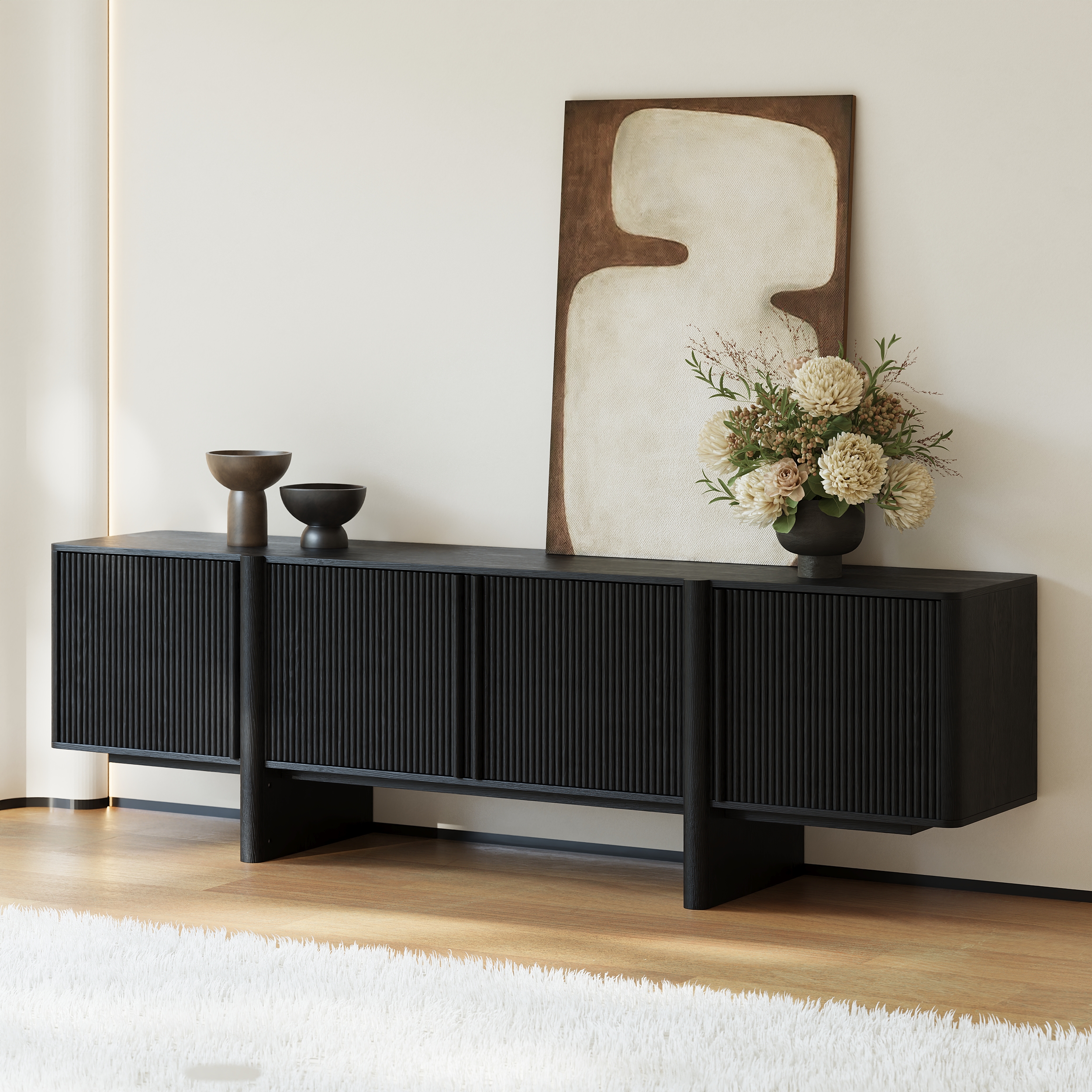 200 cm Solid Wood Fluted Black TV Stand with Cabinets