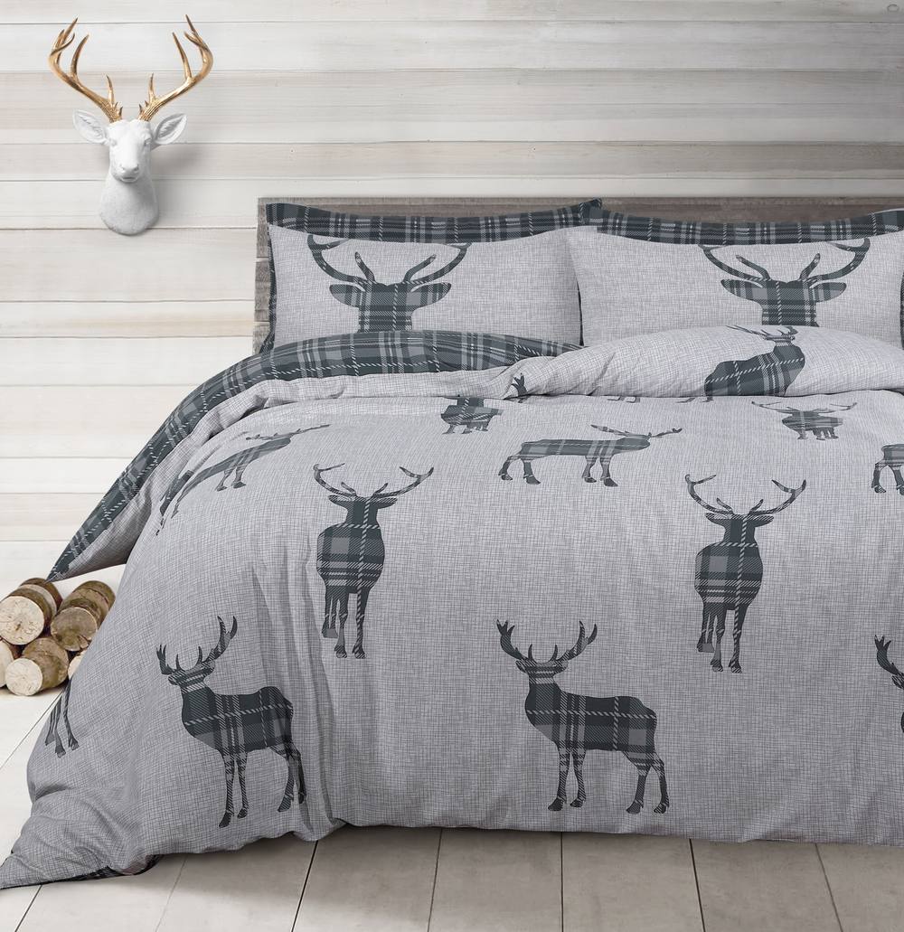 Velosso Stag Reversible Cotton Rich Printed Duvet Cover & Pillowcase Set in Grey