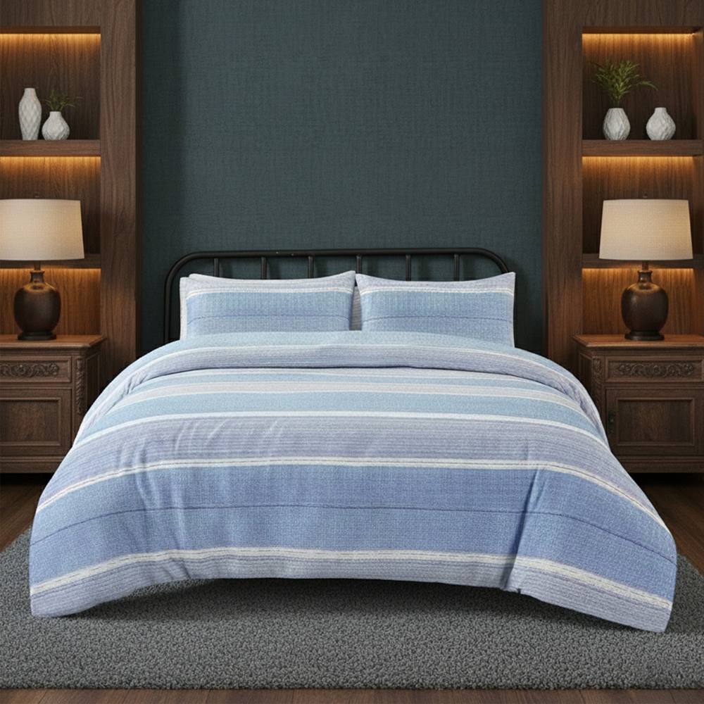Snug City Duvet Cover & Pillowcase Blue Stripe Monochrome Design Polycotton