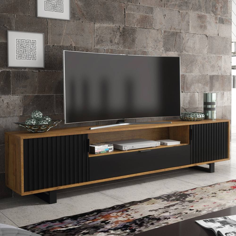 Creative Furniture Blackridge TV Unit 200cm - Dark Oak with Black Fluted Doors & Drawer in Dark Brown