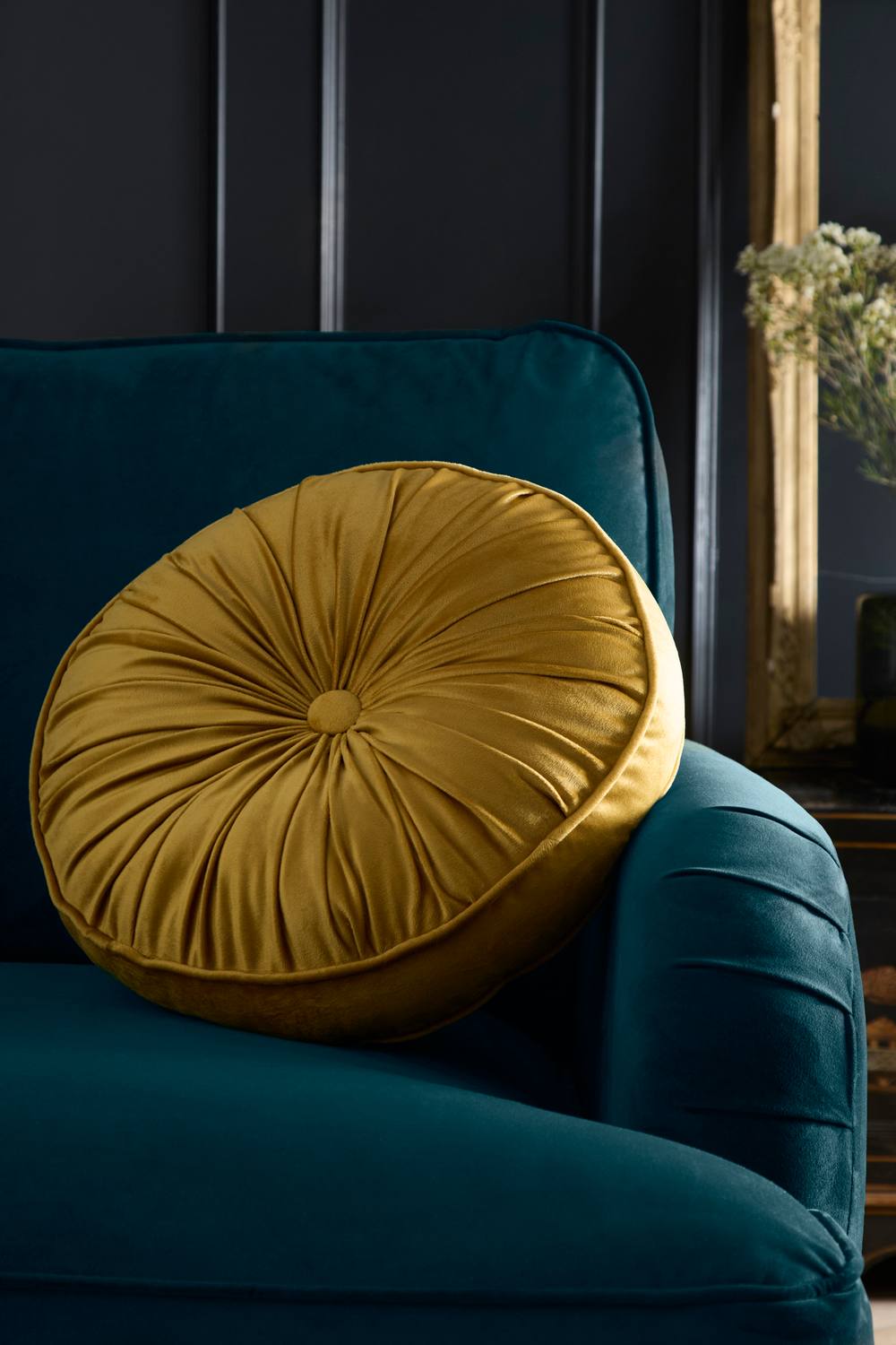 Laurence Llewelyn-Bowen 'Round Pleat' Round Velvet Cushion in Yellow