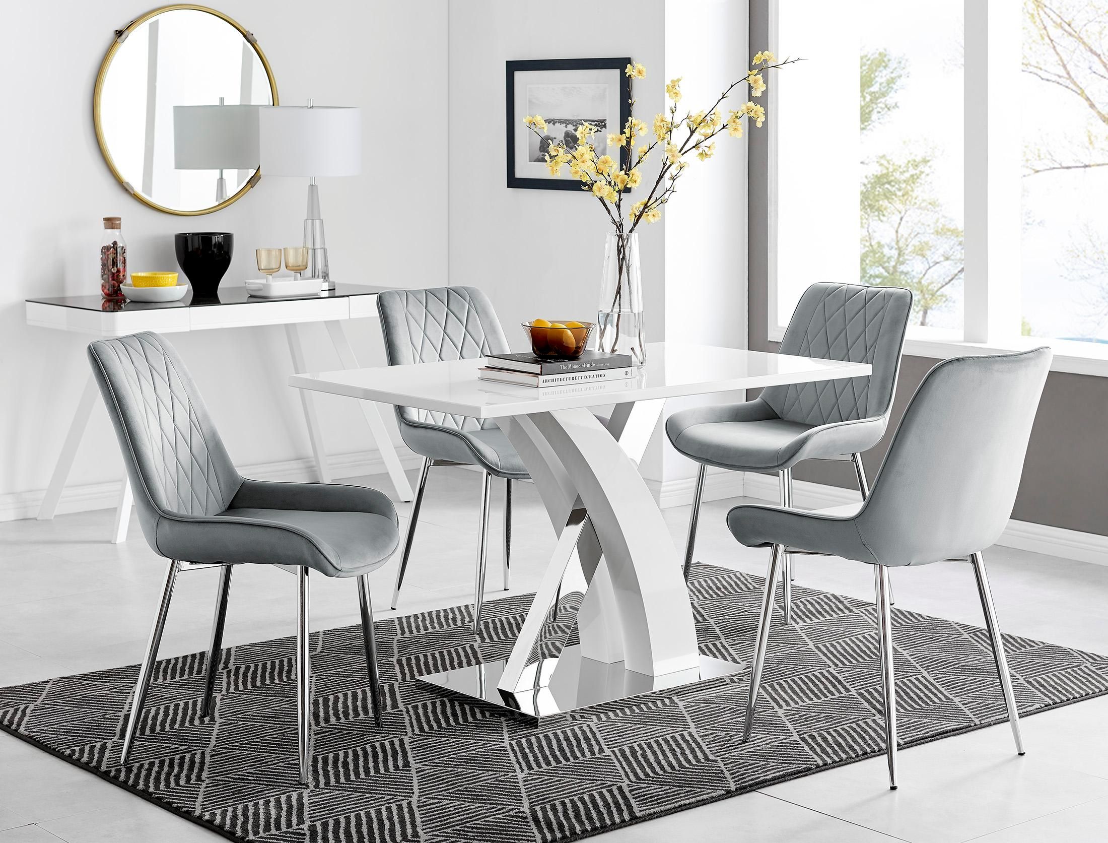 FurnitureboxUK Atlanta White High Gloss & Chrome 4 Seater Dining Table with X Shaped Legs & 4 Soft Velvet Pesaro Chairs in Grey