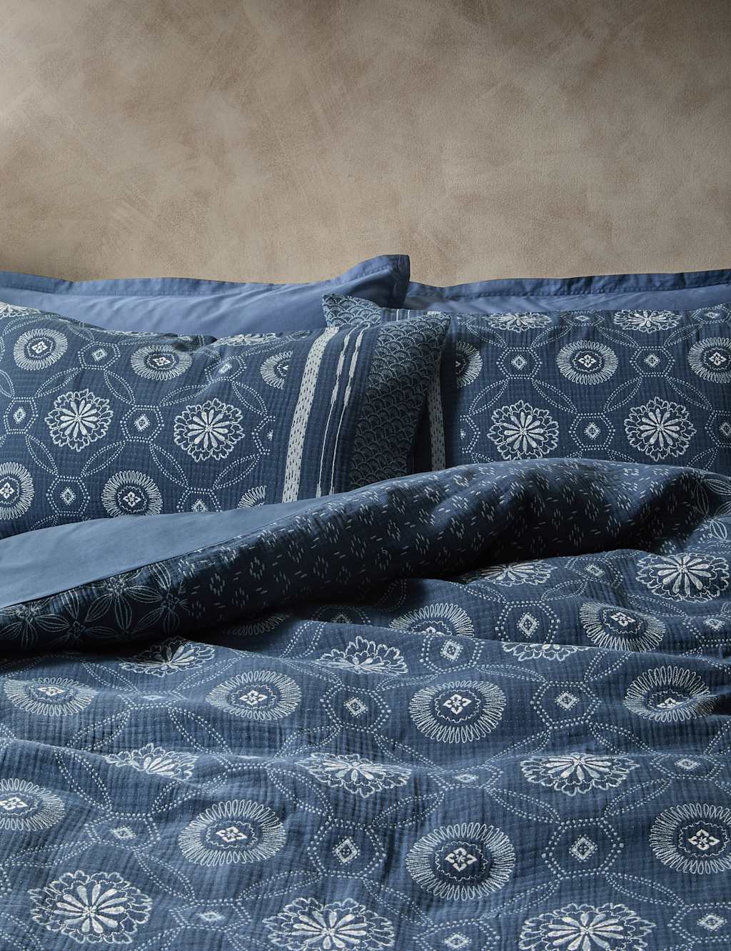 M&S X Fired Earth Pure Cotton Kouya Jacquard Bedding Set Carbon Blue