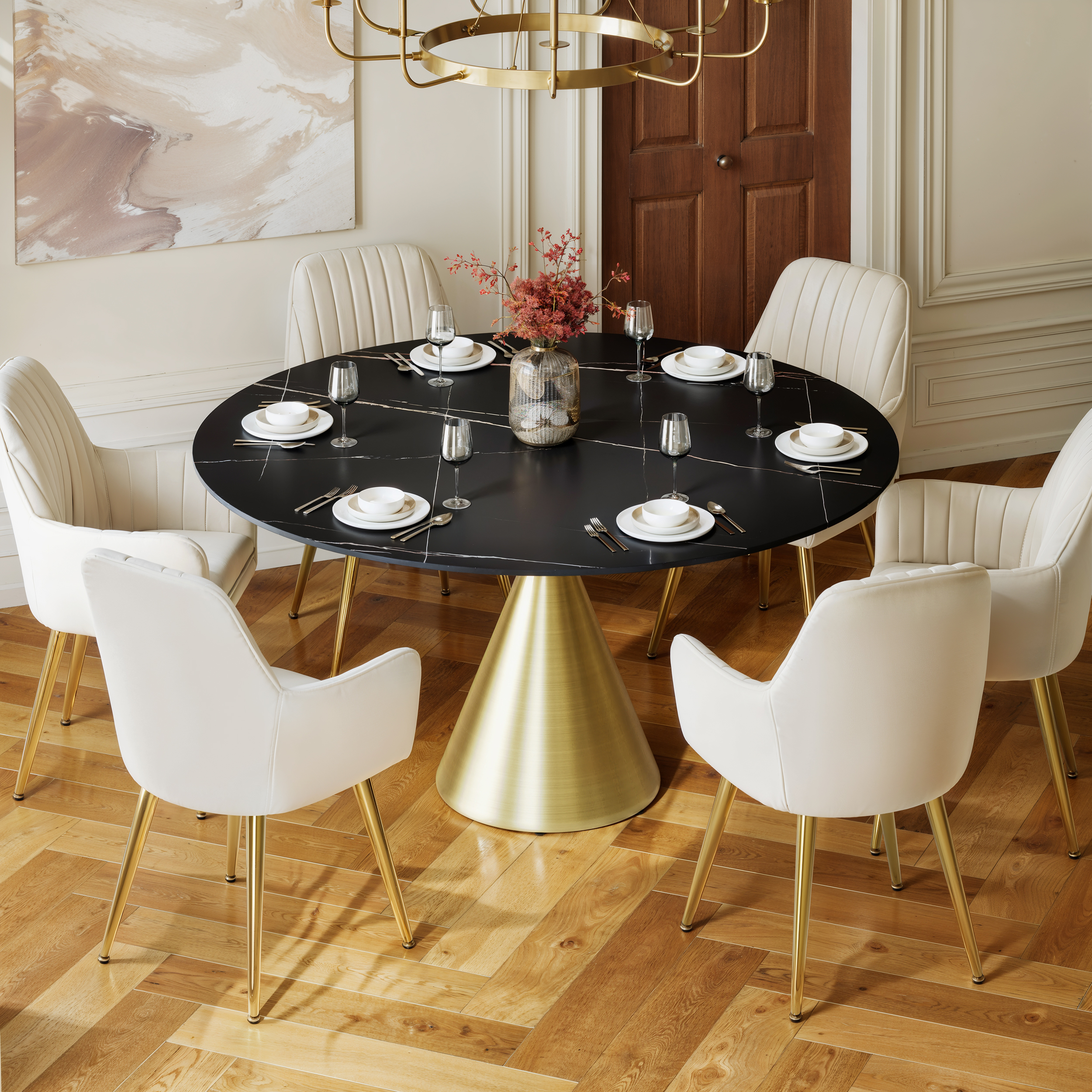 Dining Set 152 cm Sintered Stone Dining Table with 6 Chairs