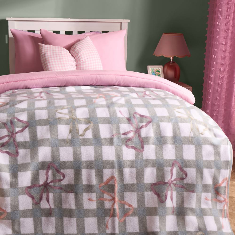 OHS Bow Gingham Polar Fleece Throw Blanket Lightweight Bedspread