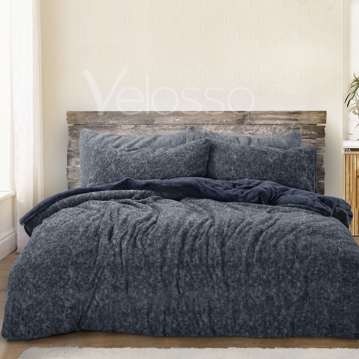 Velosso Teddy Marl Warm & Cosy Duvet Cover & Pillowcase Set in Navy