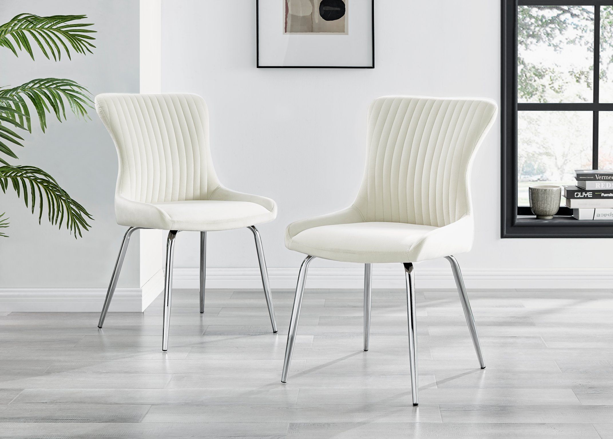 FurnitureboxUK Set of 2 Nora Deep Padded Luxurious Dining Chairs Upholstered In Soft Velvet With Chrome Legs in Cream