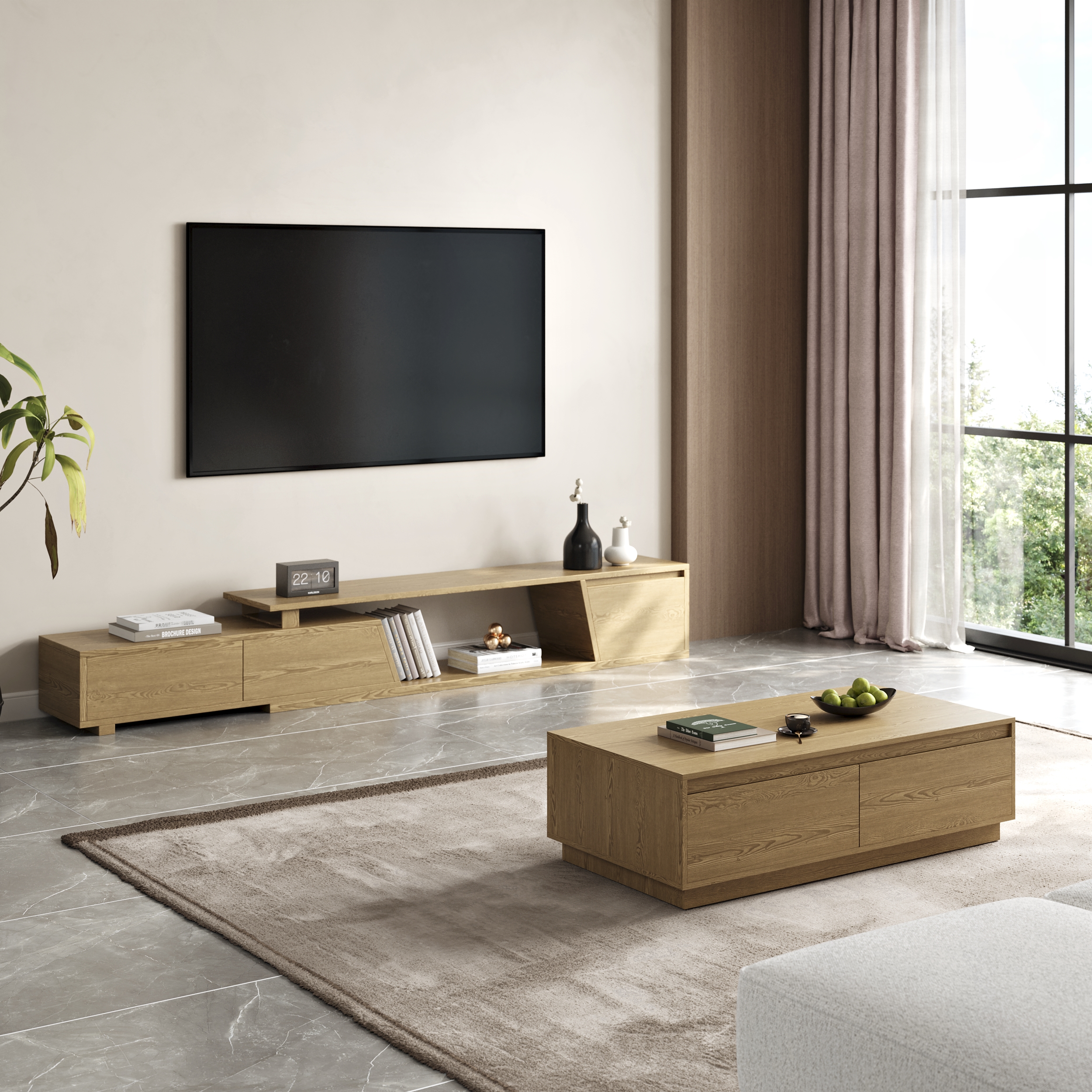 Fero TV Stand Set of Wood Natural Extendable TV Stand & Rectangular Coffee Table