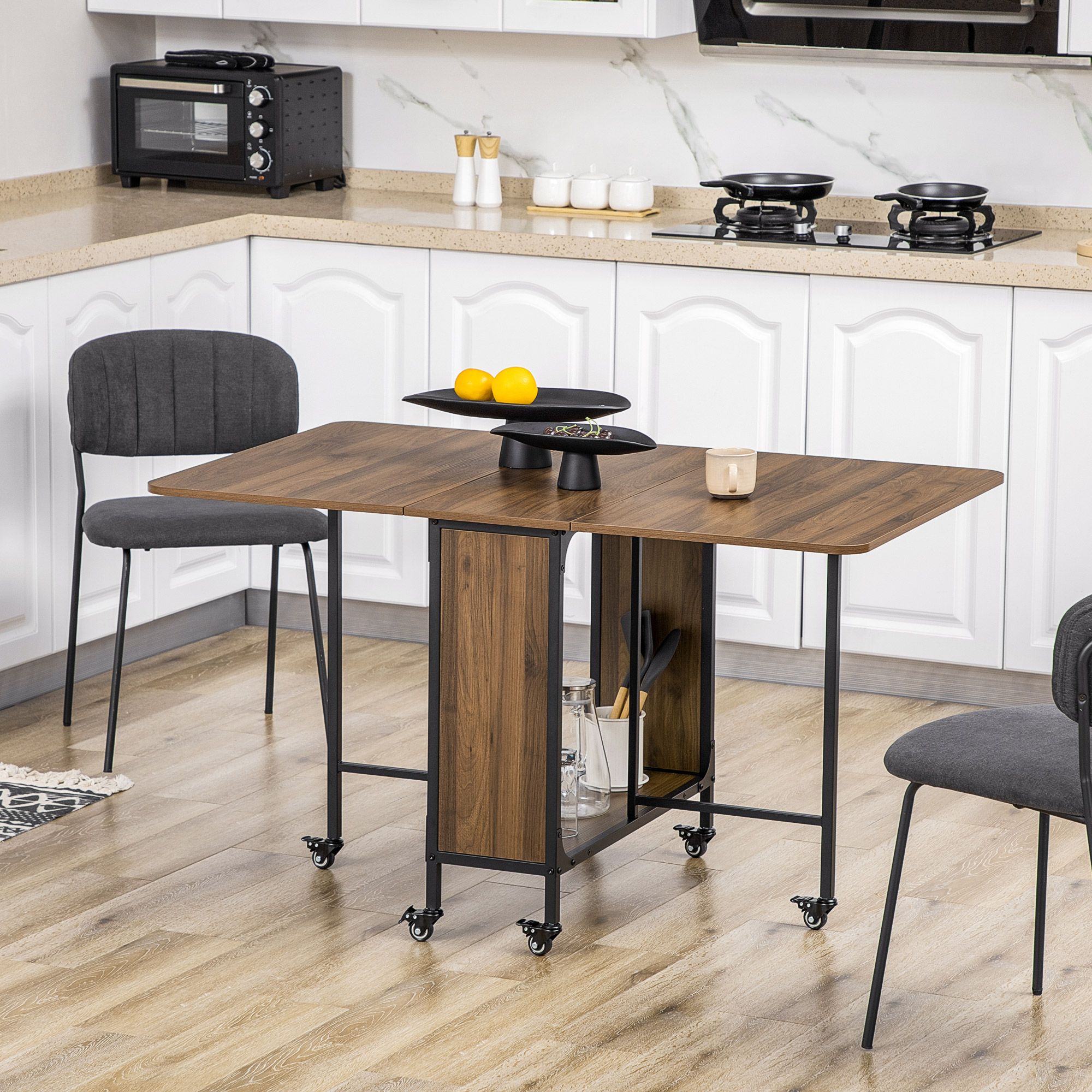 HOMCOM Mobile Drop Leaf Dining Table on Wheels with Shelf Brown in Light Brown