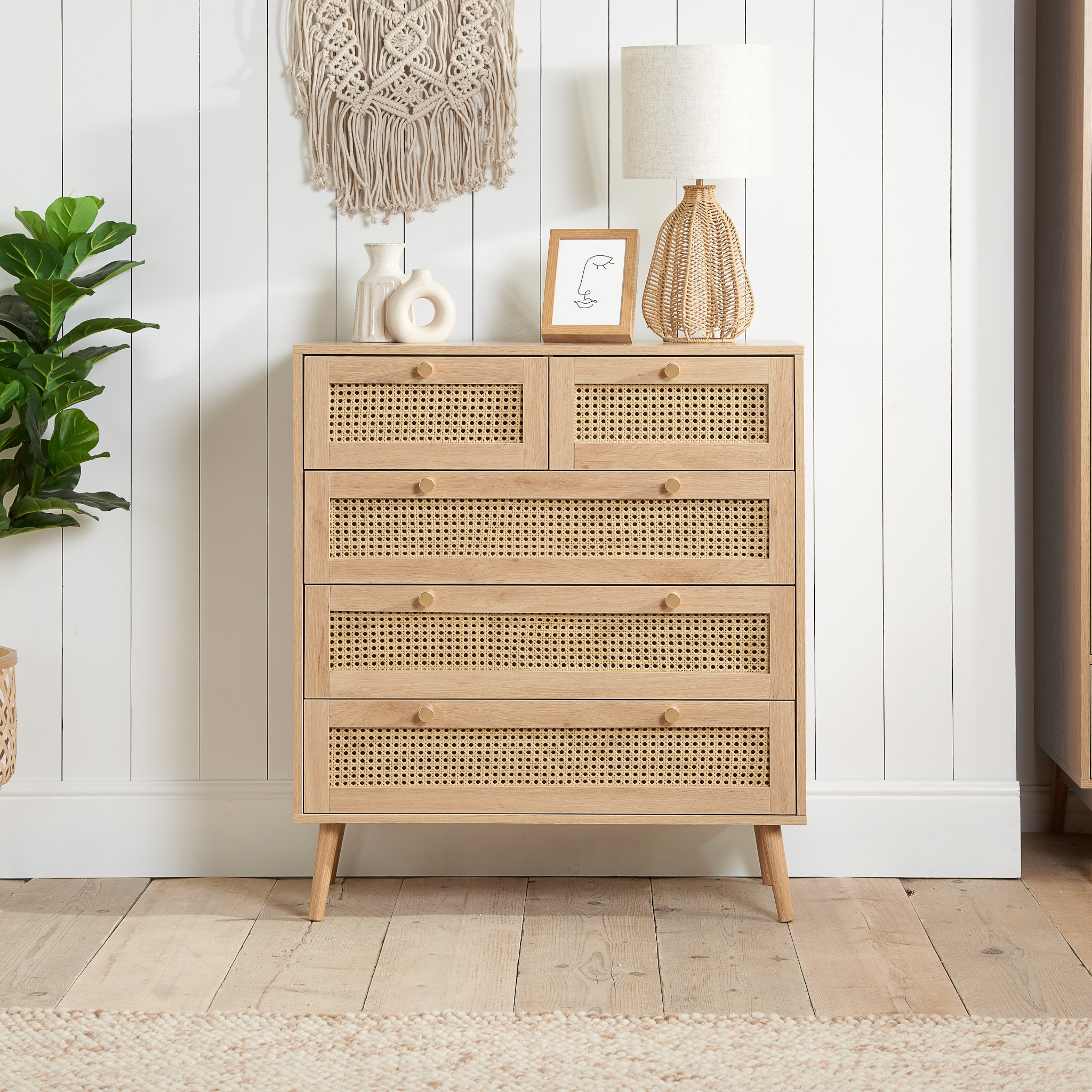 Croxley - 5 Drawer Chest of Drawers - Oak - Rattan - Wooden - Happy Beds