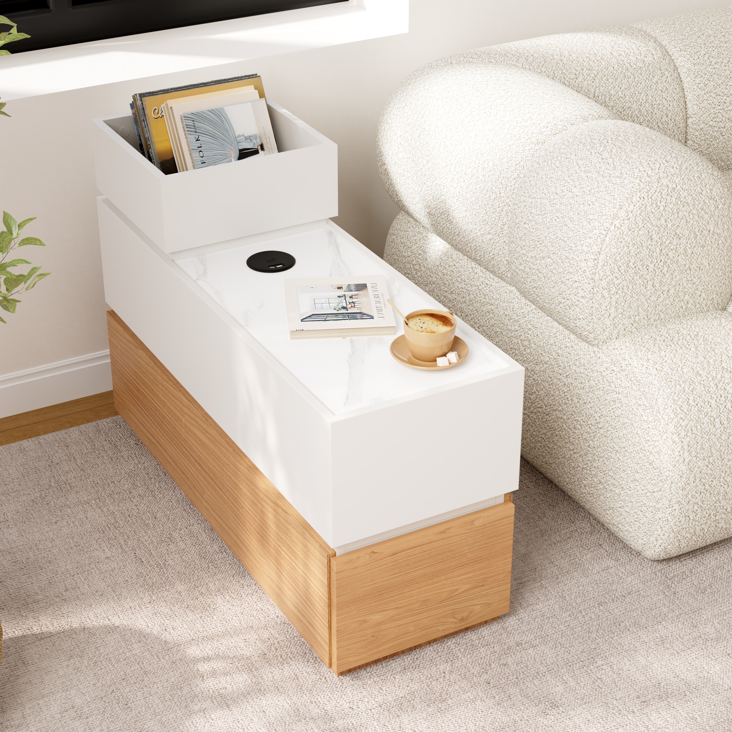 Sintered Stone Top Narrow Smart Side Table with Storage Modern White & Natural End Table with USB Charging