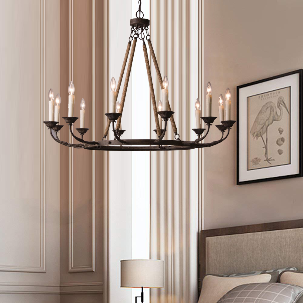 Candlely Vintage 12-Light Candelabra Wagon Wheel Chandelier with Flaxen Hemp Rope