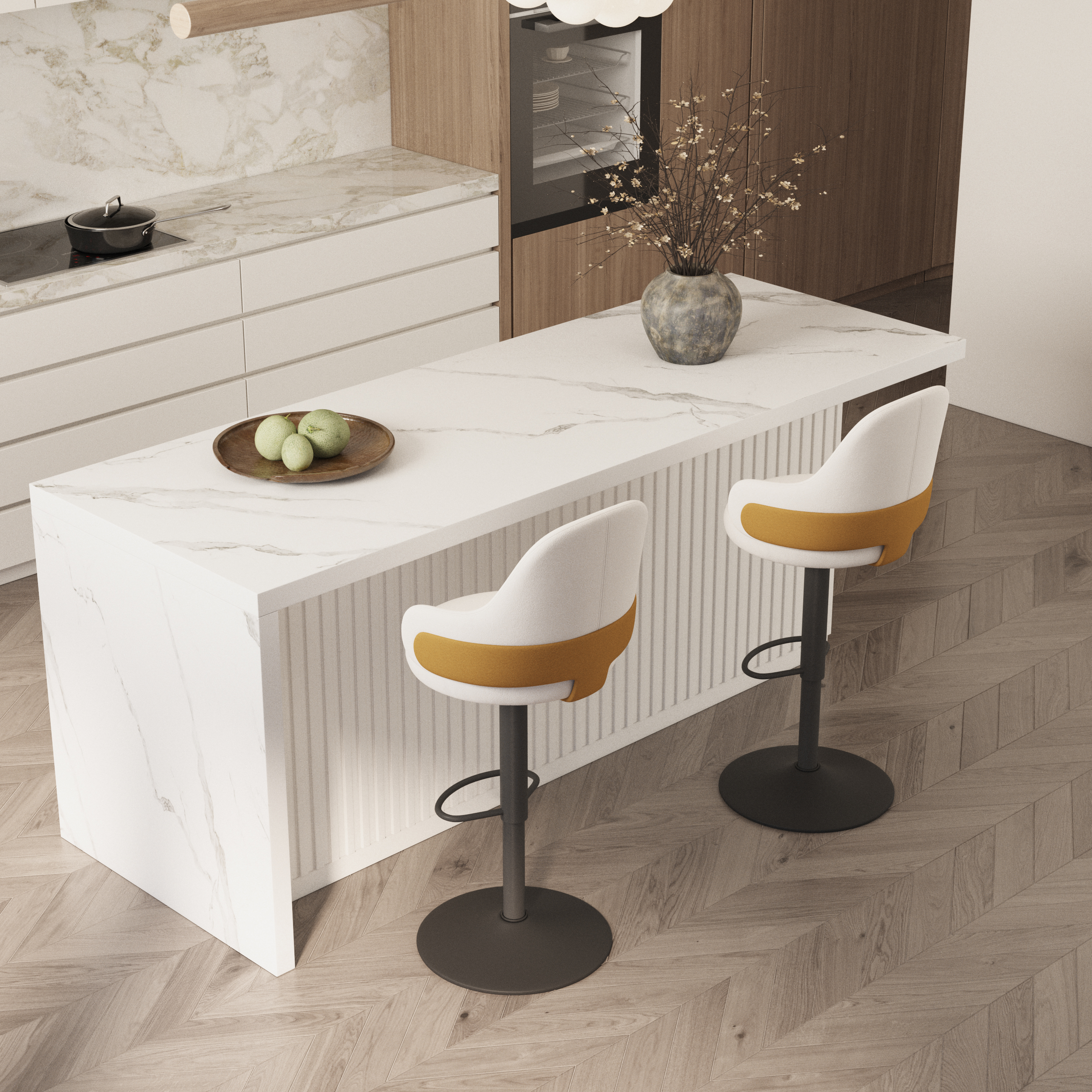 72" Large Kitchen Island & 2 Velvet Swivel Bar Stools Set Adjustable Height White with Marble Veneered Kitchen Cabinet