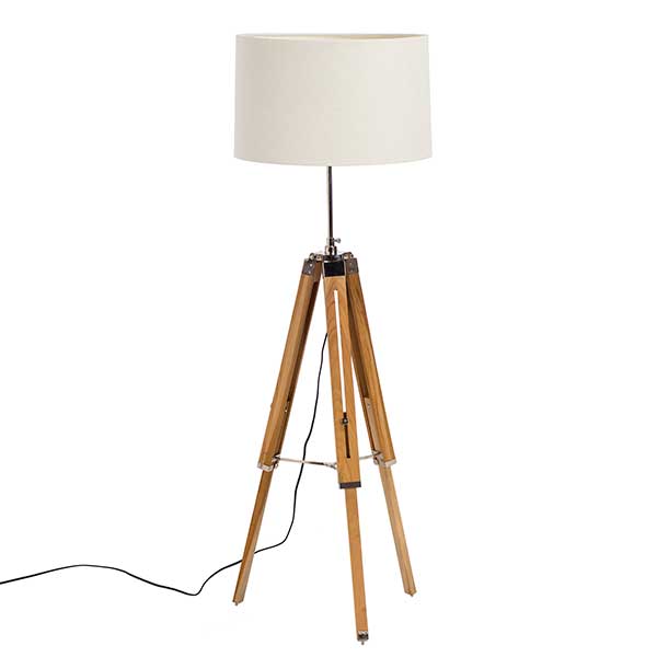 Atlas Adjustable Tripod Floor Lamp - Teak Wood & Vanilla Shade - Diameter: 76cm x H170cm