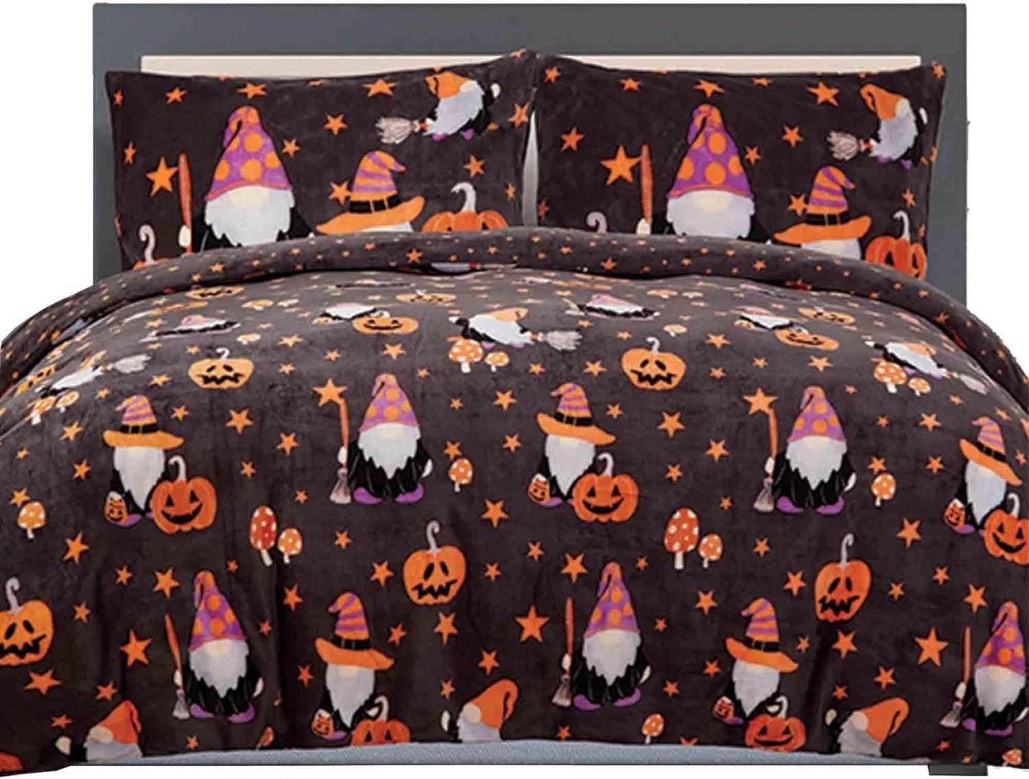 Smart Living Halloween Gonk Flannel Duvet Set Reversible Duvet Cover with Pillowcase in Charcoal