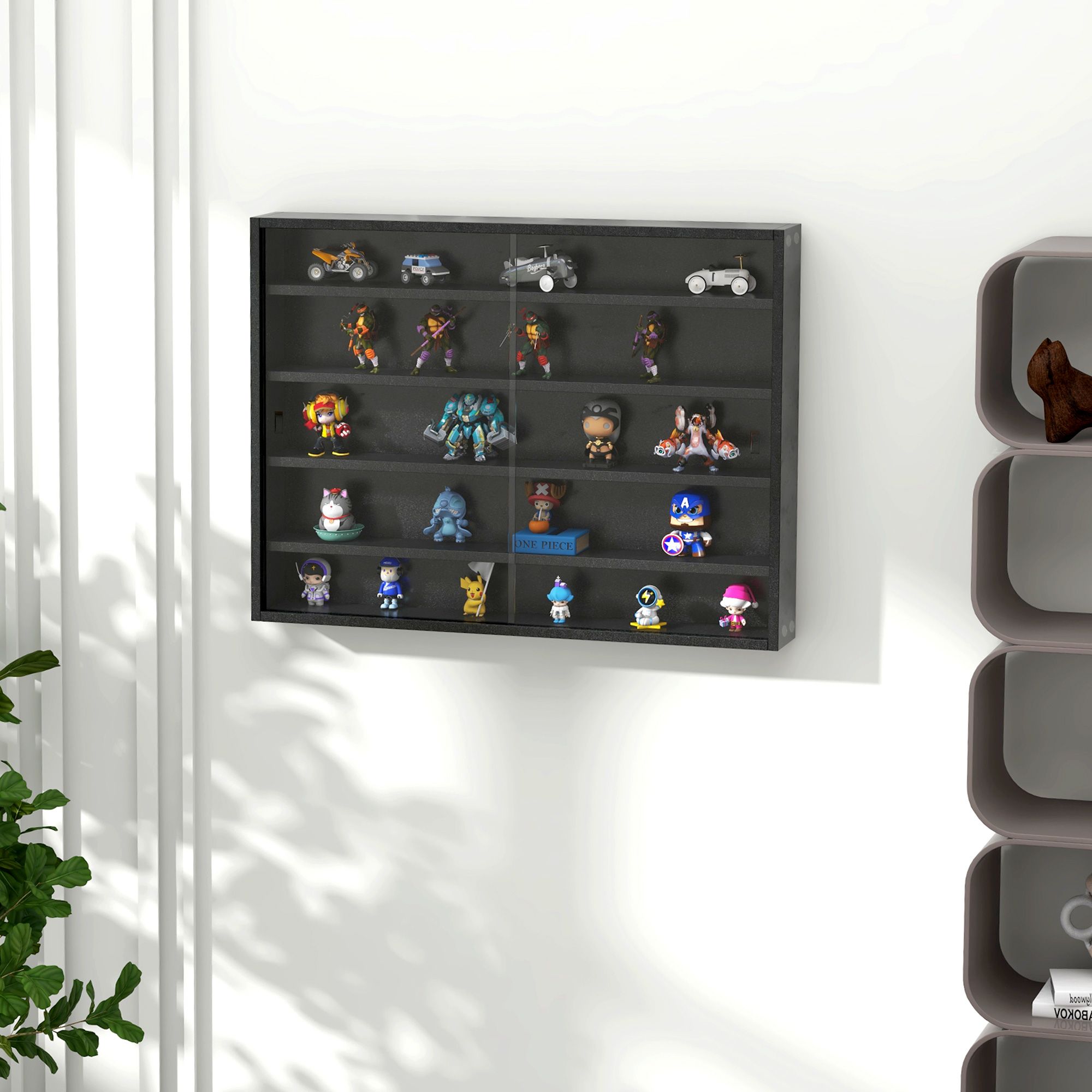 HOMCOM 5-Tier Wall Mounted Cabinet Display Shelf Unit w/ Adjustable Shelves Glass Doors in Black