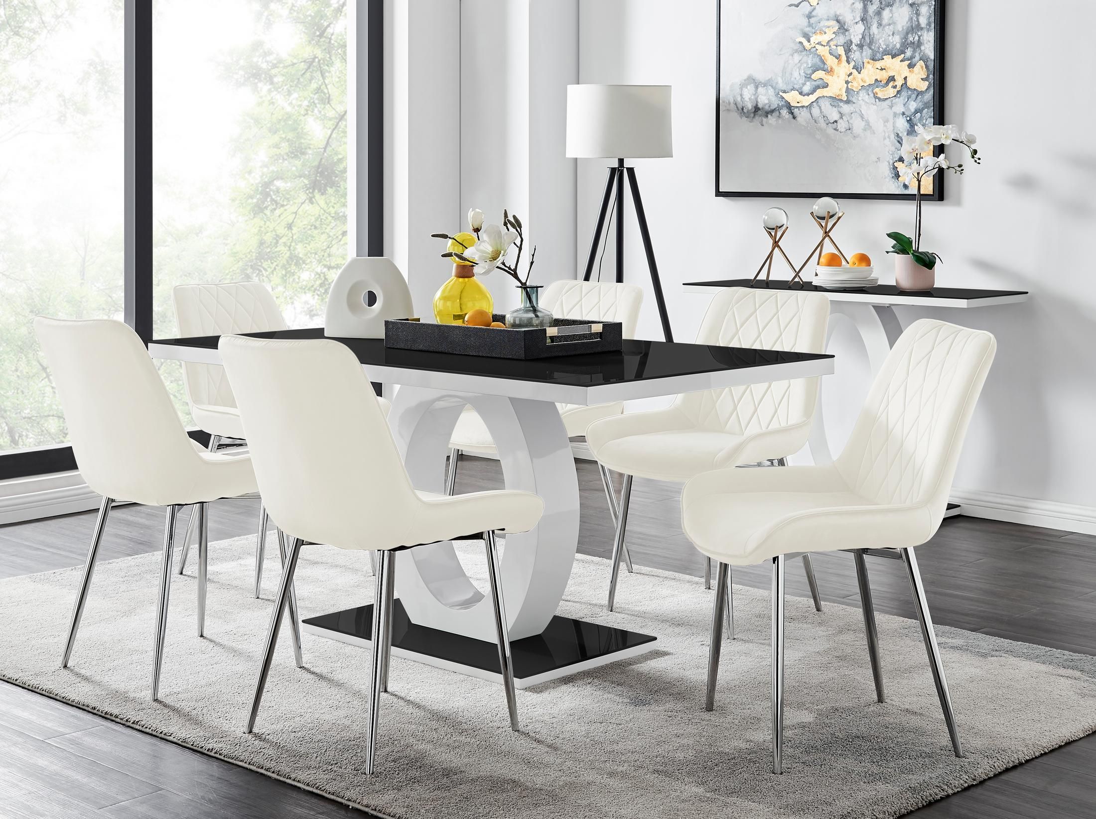 FurnitureboxUK Giovani Rectangular 6 Seat White High Gloss Unique Halo Base Dining Table Black Glass Top 6 Soft Velvet Silver Leg Pesaro Chairs