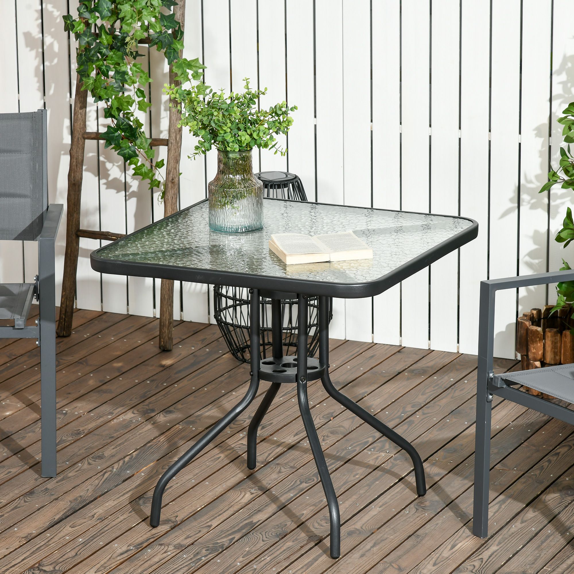 OUTSUNNY Square Patio Table, Glass Top Garden Dining Table 76 x 76cm in Black