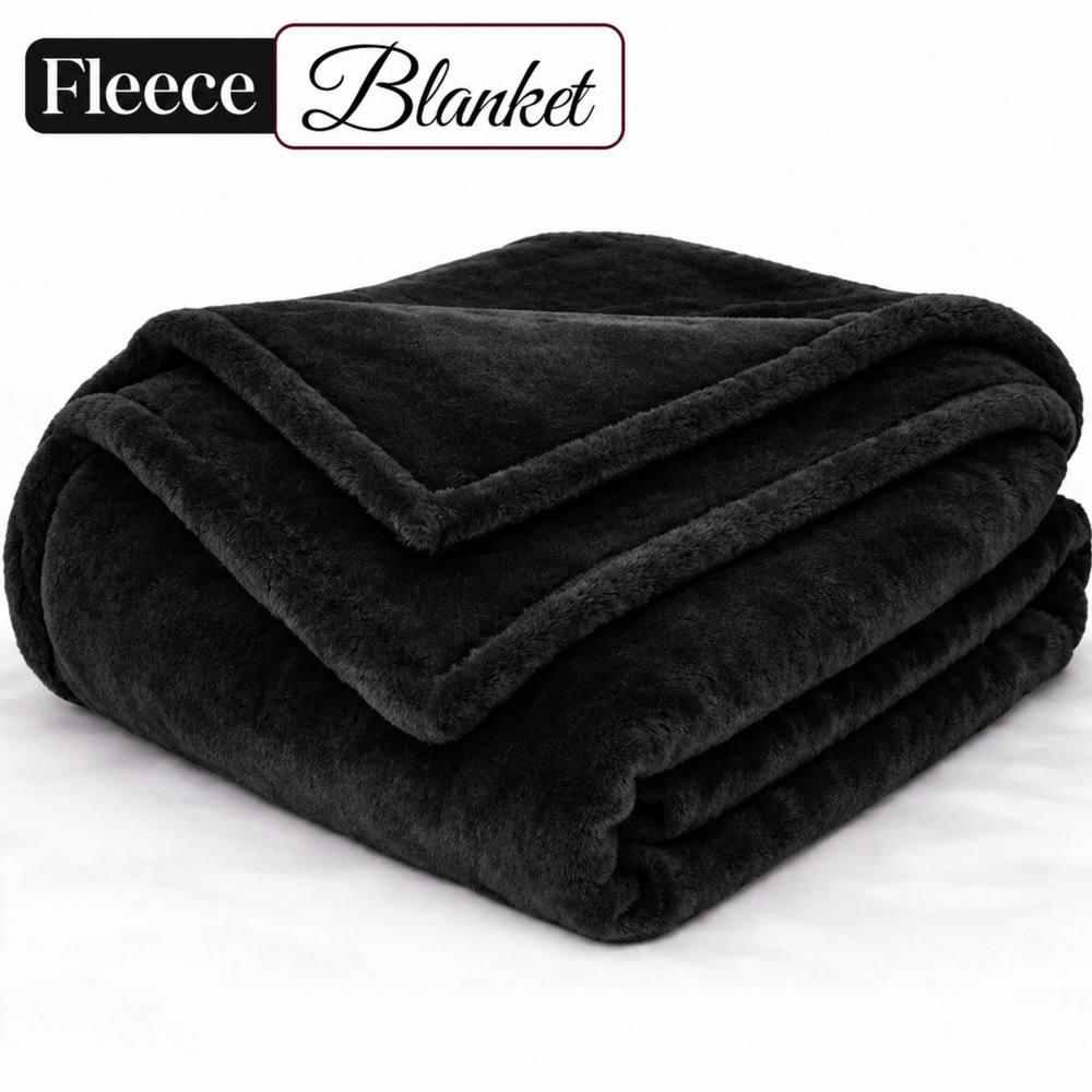 Pamposh Extra Large Flannel Fleece Blanket Reversible Bed & Sofa Throw in Black