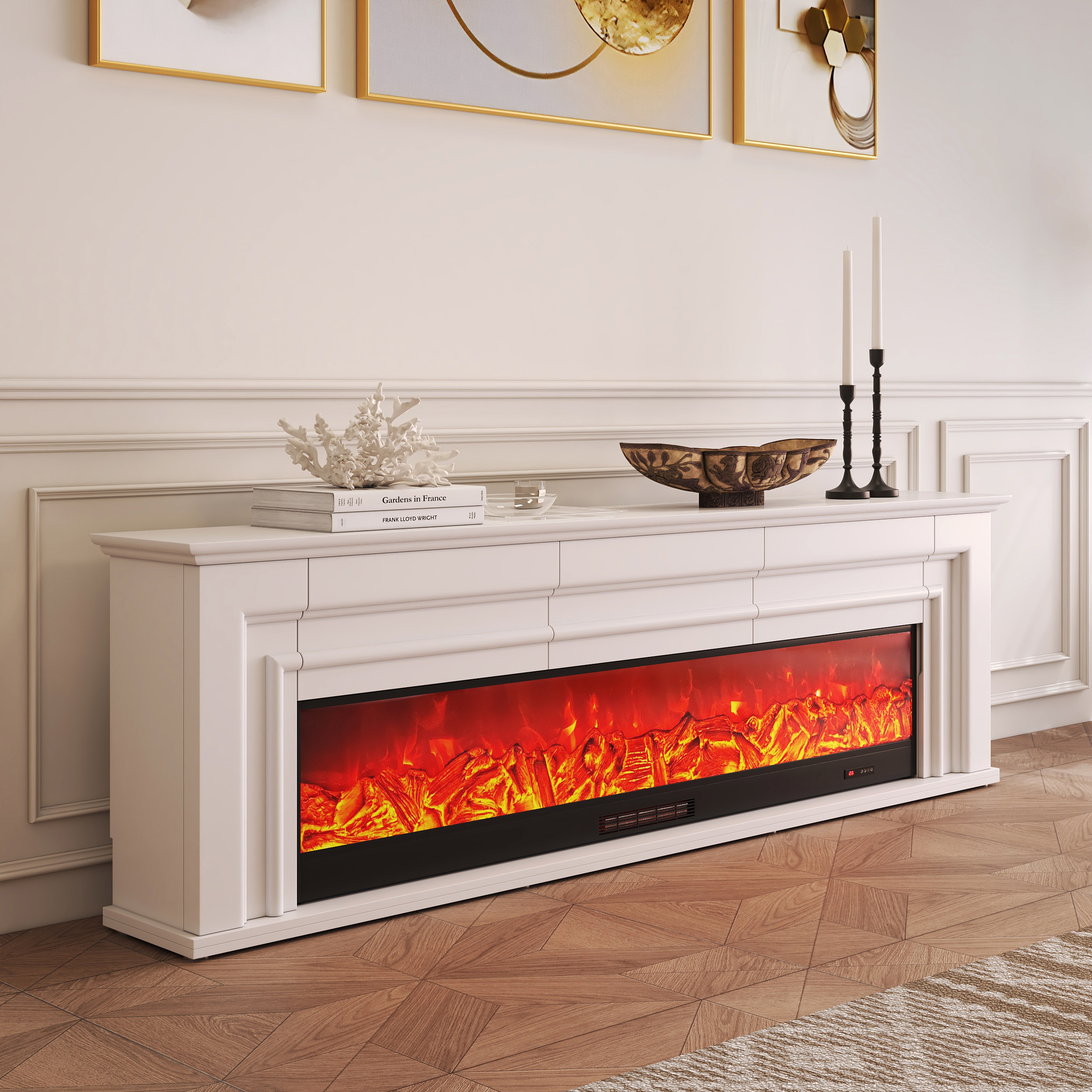 200 cm Electric Fireplace TV Stand Modern White Media Console with Remote Control