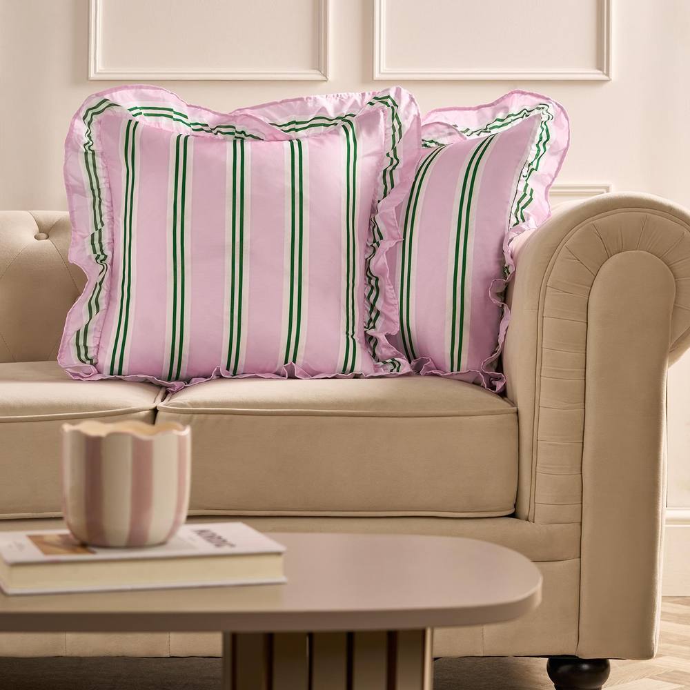 OHS 2 x Double Stripe Faux Linen Frill Cushion Covers in Pink