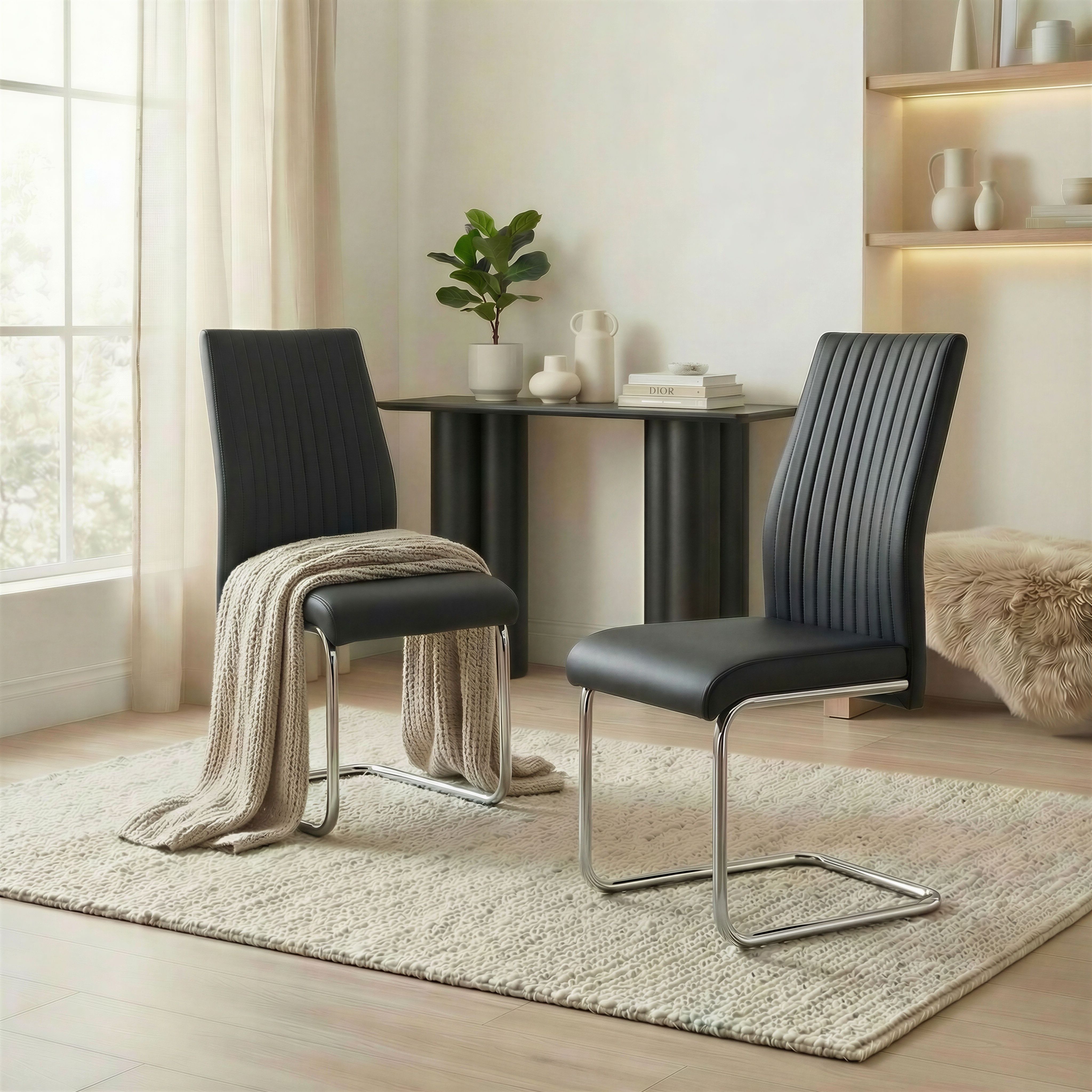 FurnitureboxUK 2x Lorenzo Faux Leather Chrome Dining Chairs in Black