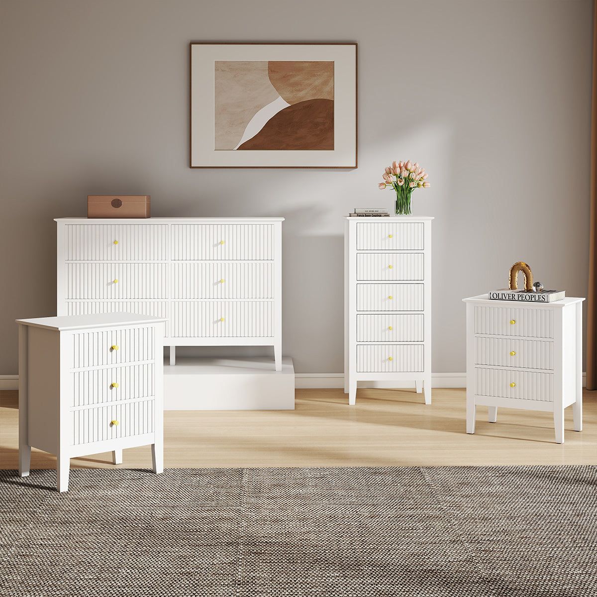 Melody Maison 6 Drawer Chest Of Drawers, Tall 5 Drawer Bedside Table & Pair Of 3 Drawer Bedside Tables - Hales White Range