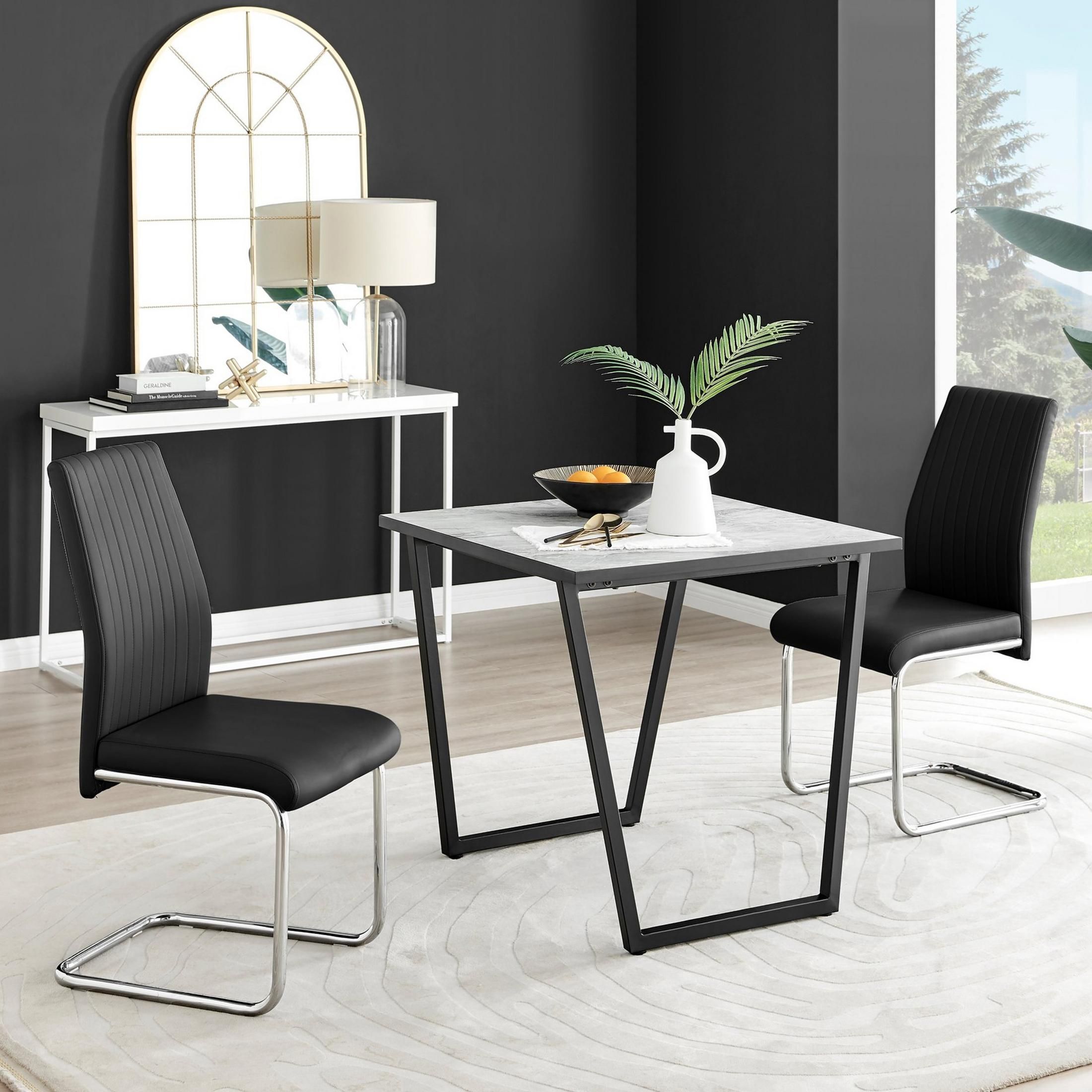 FurnitureboxUK Carson White Marble Effect Square Dining Table & 2 Faux Leather Lorenzo Chairs in Black
