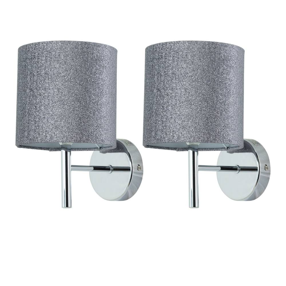 First Choice Lighting Set of 2 Brea - Chrome Wall Lights with Silvery Glitter Shades in Silver